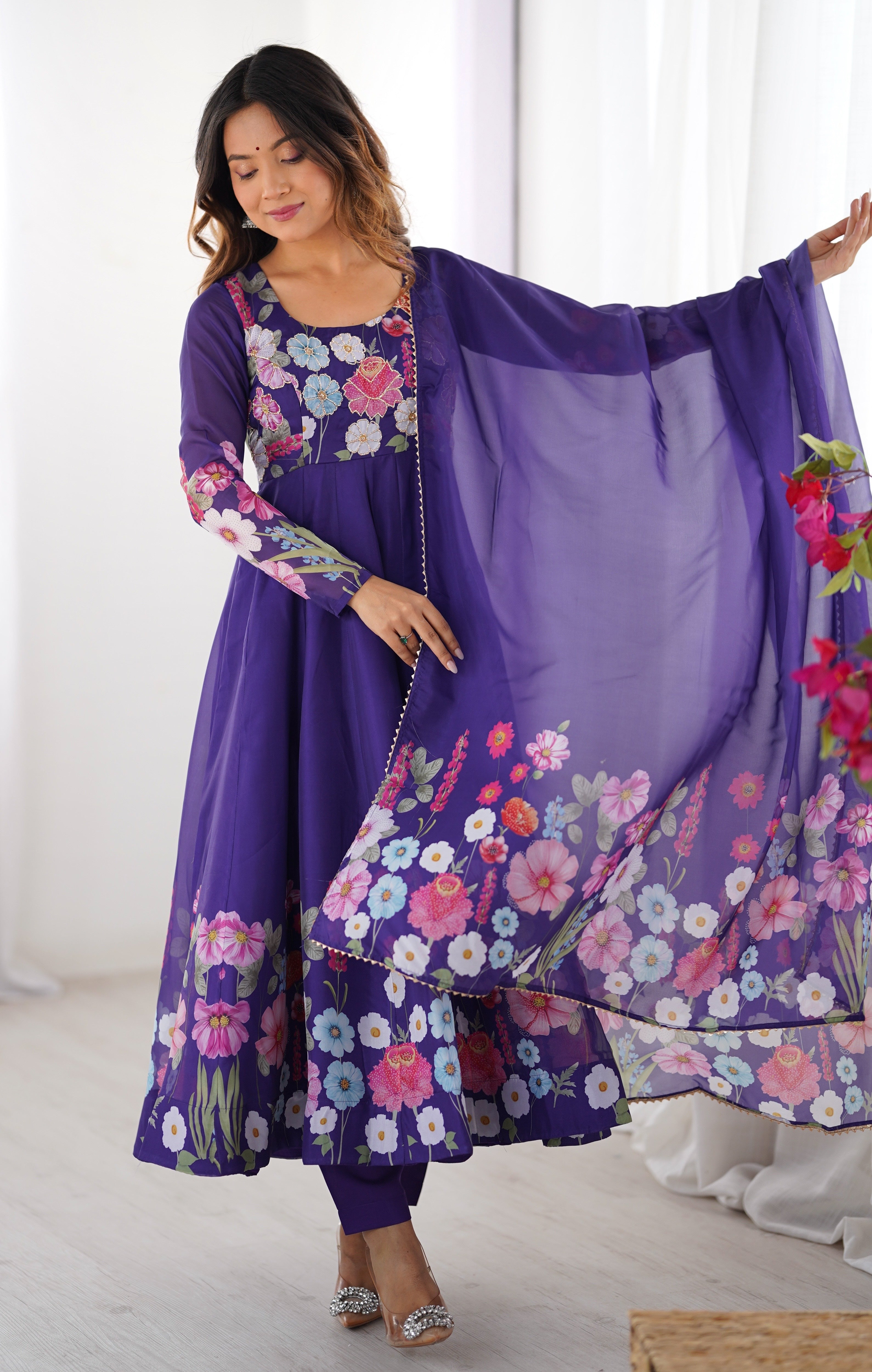 PURPLE FLORAL PRINT ORGANZA THREE PIECE ANARKALI SUIT