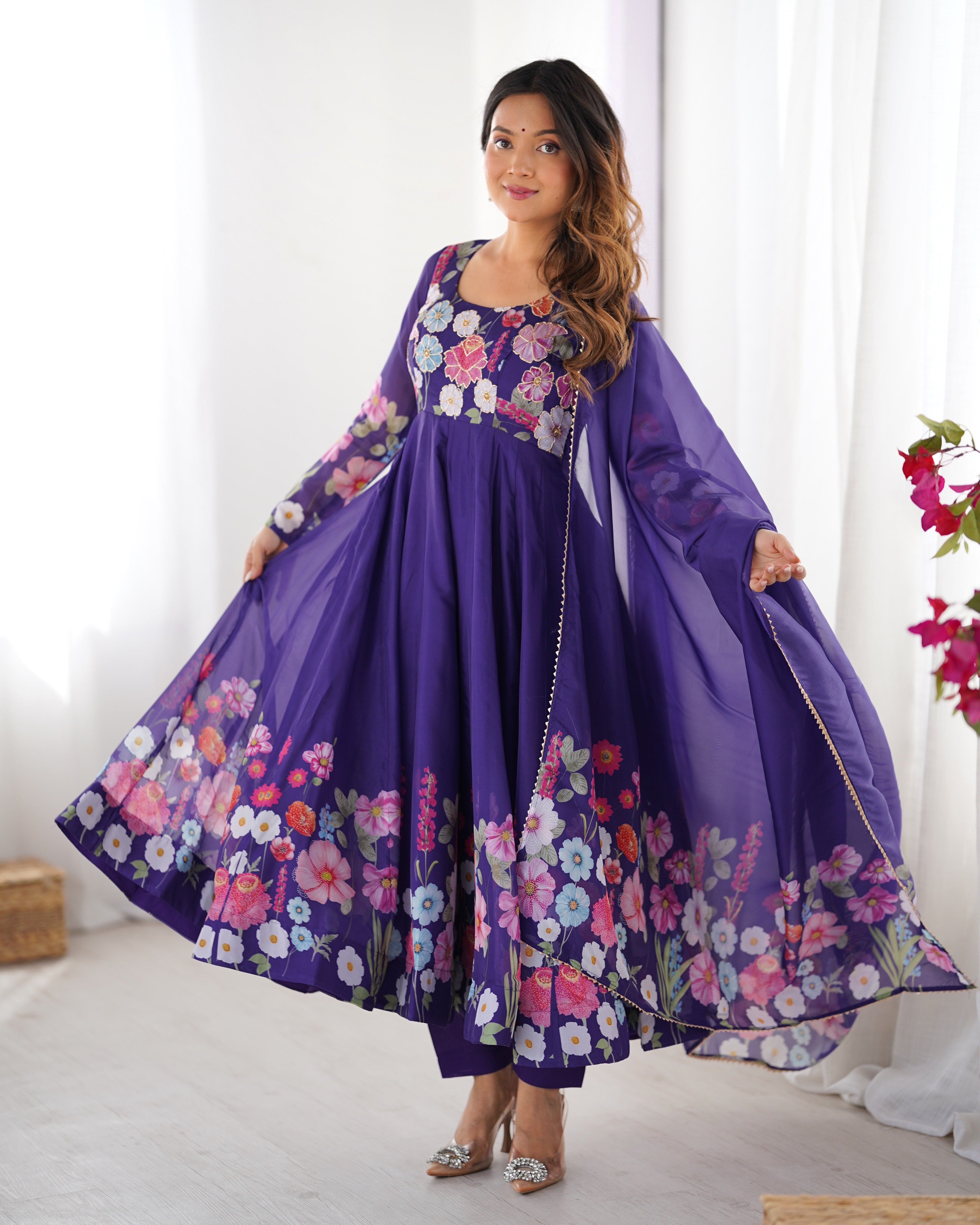 PURPLE FLORAL PRINT ORGANZA THREE PIECE ANARKALI SUIT