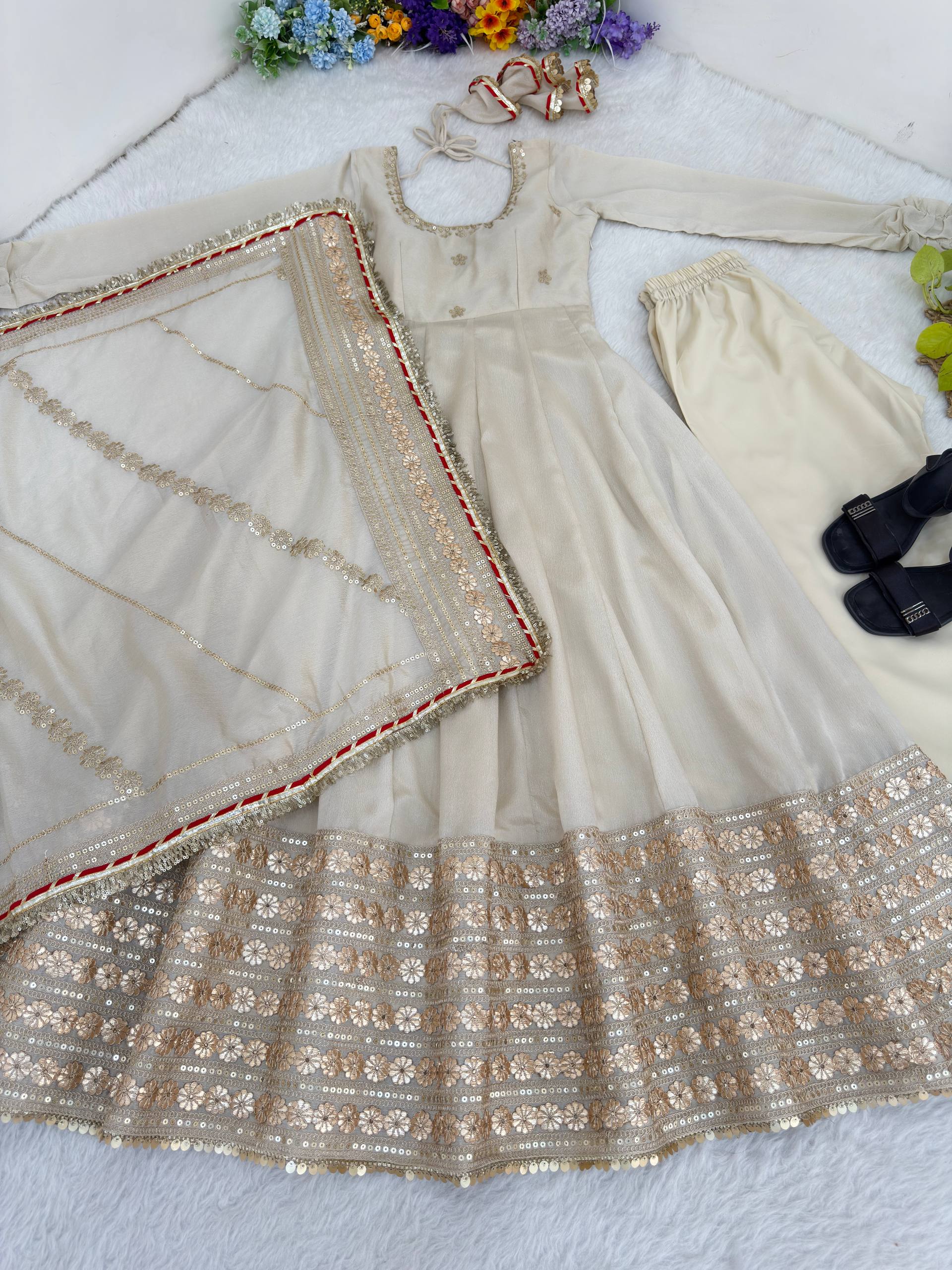 LUXURY CHINON SILK BEIGE ANARKALI SUIT WITH RICH EMBROIDERY WORK