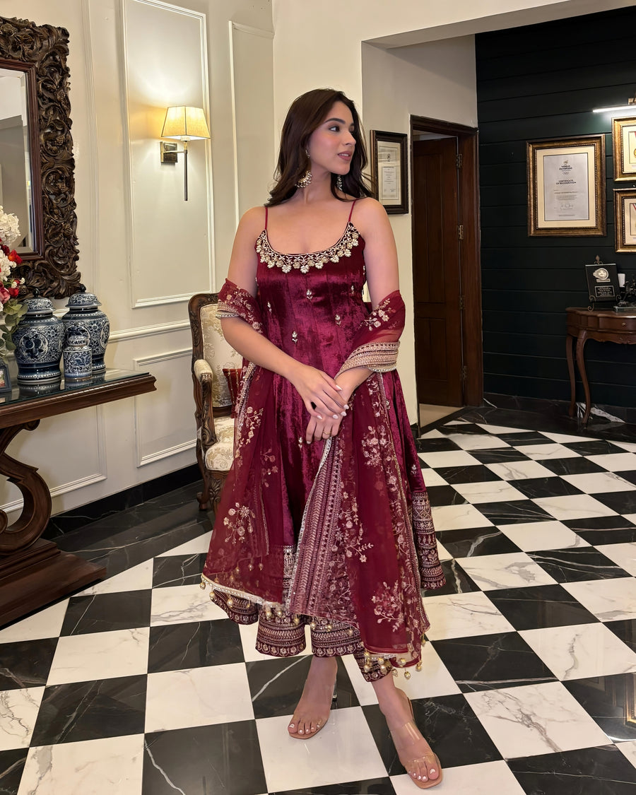 ELEGANT MAROON ANARKALI SUIT IN PURE VICHITRA SILK FABRIC