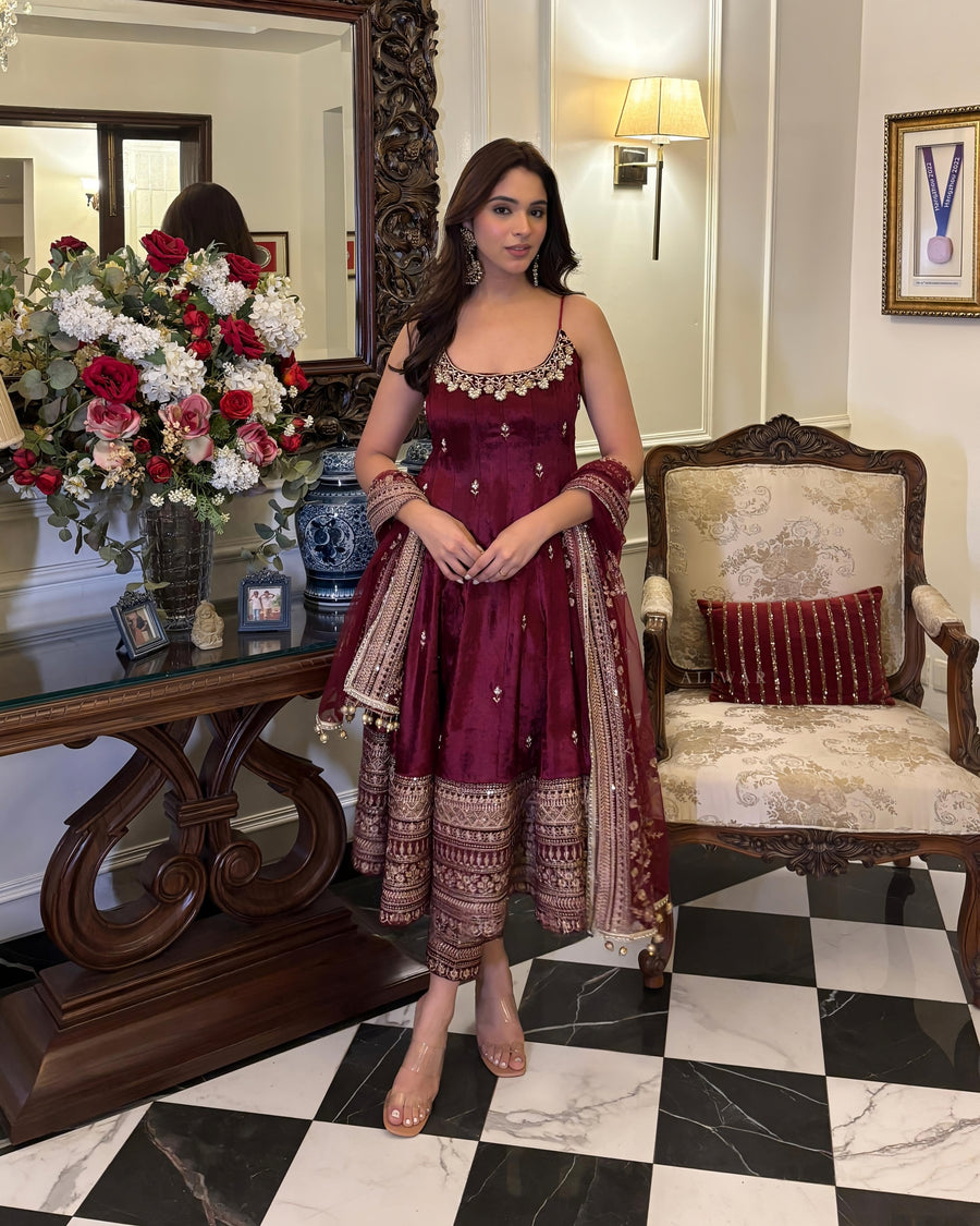 ELEGANT MAROON ANARKALI SUIT IN PURE VICHITRA SILK FABRIC
