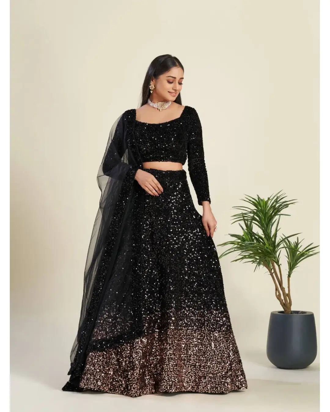 AMAZING BLACK SEQUENCE VELVET PARTY WEAR LEHENGA CHOLI WITH DUPATTA