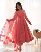 PEACH COLOR LUCKNOWI GEORGETTE ANARKALI SUIT SET OF 3