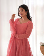 PEACH COLOR LUCKNOWI GEORGETTE ANARKALI SUIT SET OF 3