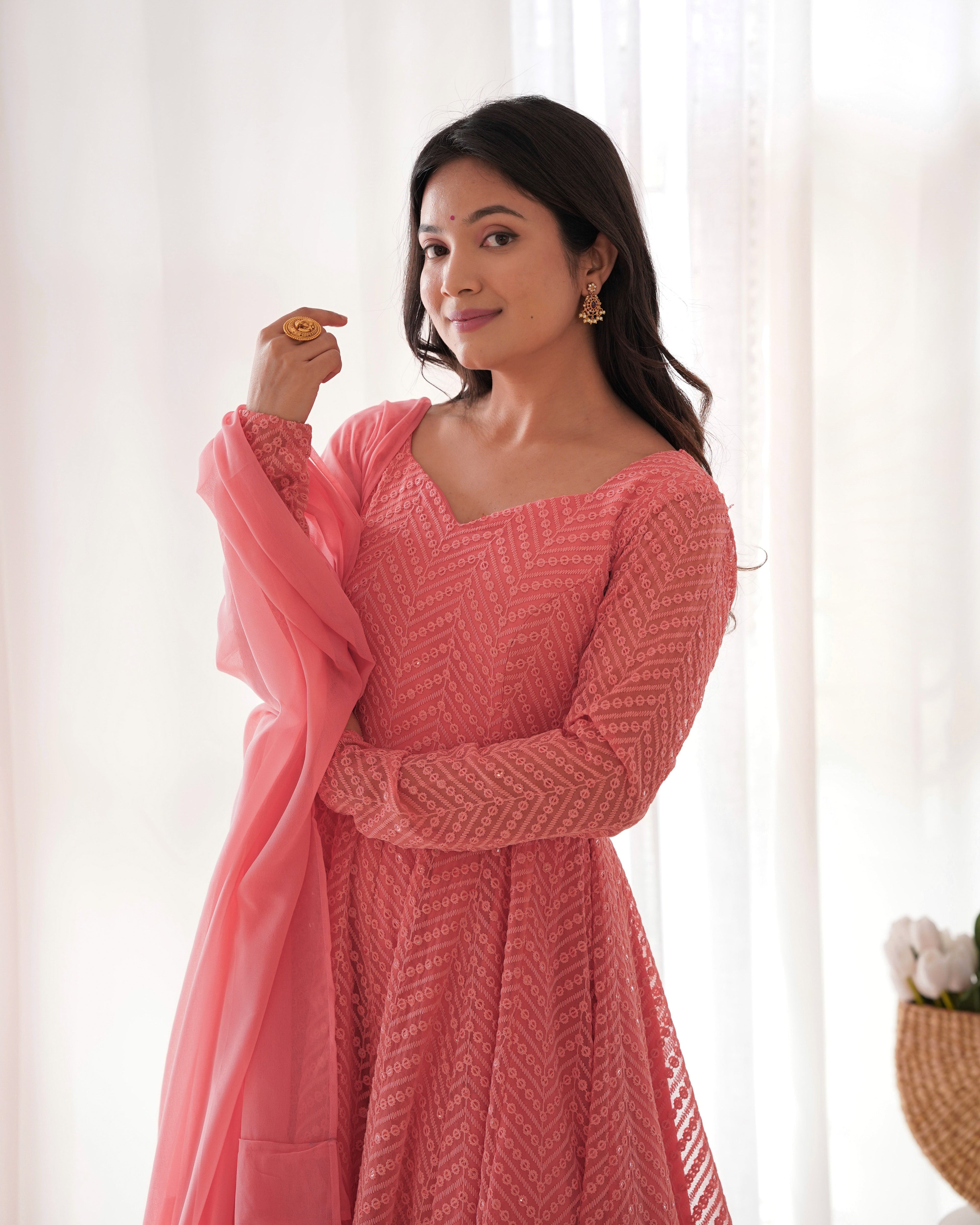 PEACH COLOR LUCKNOWI GEORGETTE ANARKALI SUIT SET OF 3