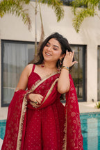 CHERRY RED TABBY ORGANZA MUKESH WORK PALAZZO SUIT SET OF 3