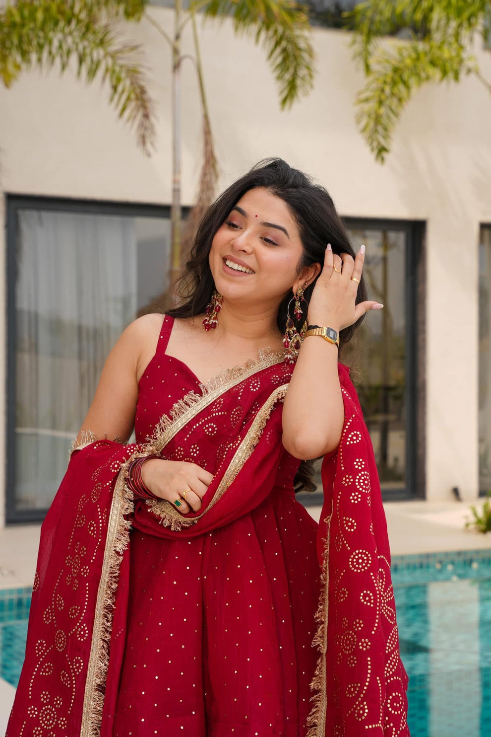 CHERRY RED TABBY ORGANZA MUKESH WORK PALAZZO SUIT SET OF 3