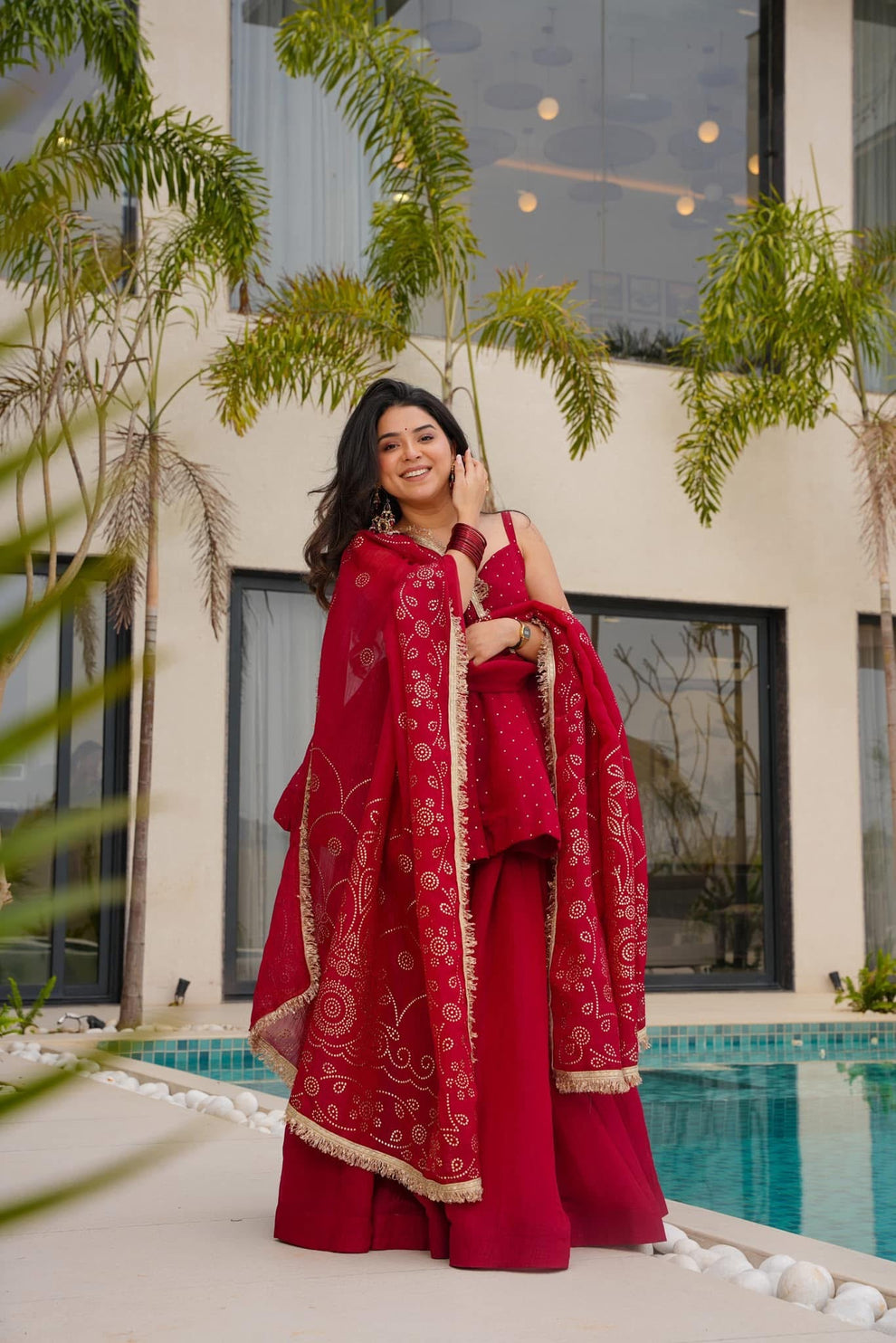 CHERRY RED TABBY ORGANZA MUKESH WORK PALAZZO SUIT SET OF 3