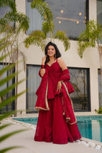 CHERRY RED TABBY ORGANZA MUKESH WORK PALAZZO SUIT SET OF 3