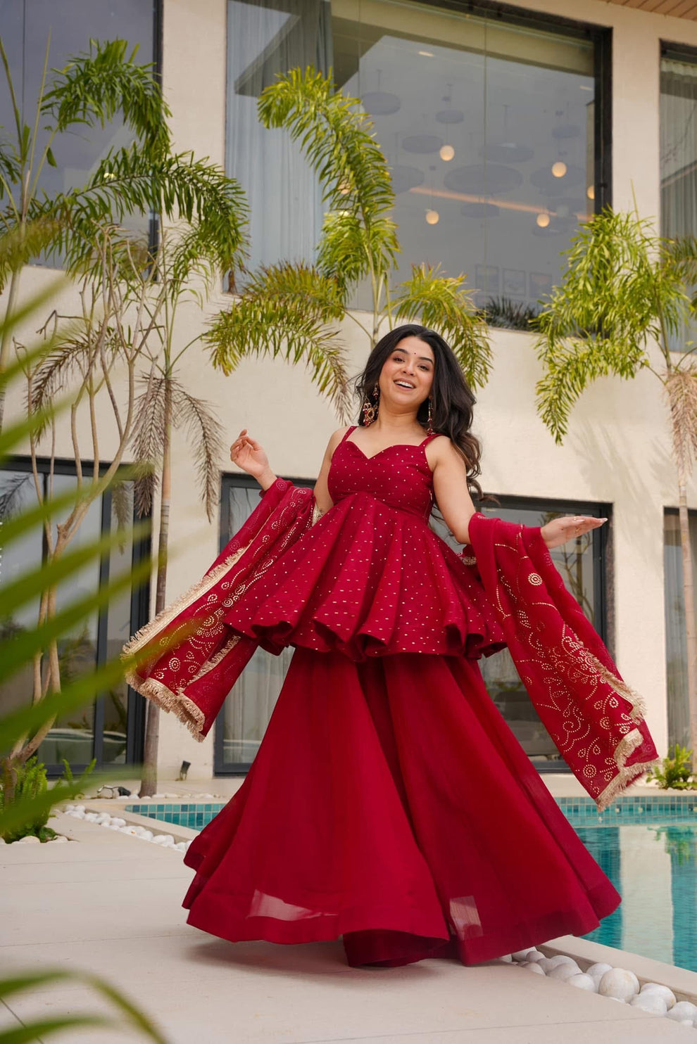 CHERRY RED TABBY ORGANZA MUKESH WORK PALAZZO SUIT SET OF 3