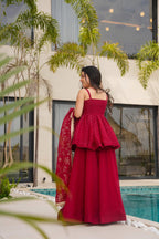 CHERRY RED TABBY ORGANZA MUKESH WORK PALAZZO SUIT SET OF 3