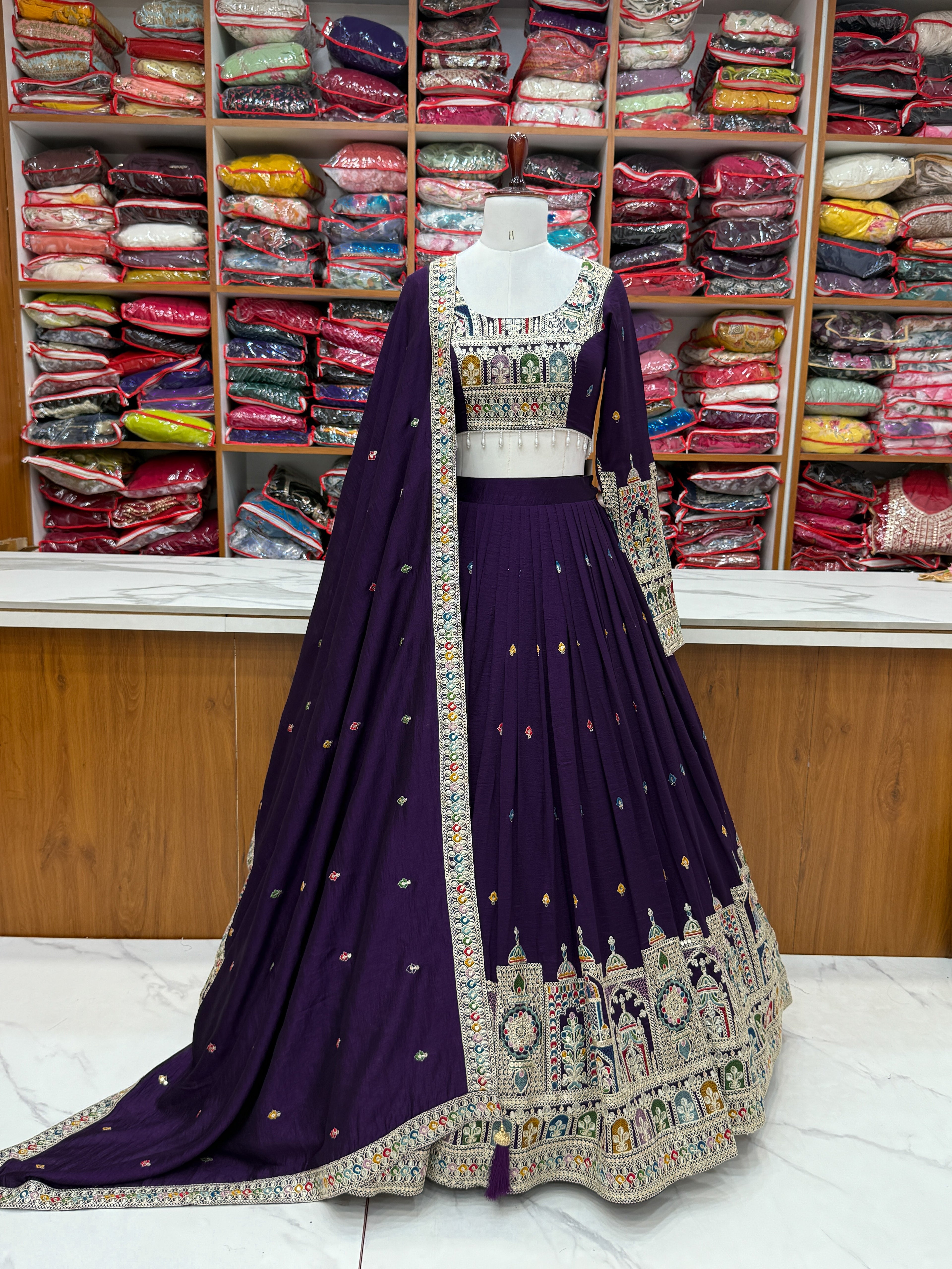 DARK PURPLE COLOR VICHITRA SILK BASE WEDDING SPECIAL FULLY STITCHED LEHENGA CHOLI