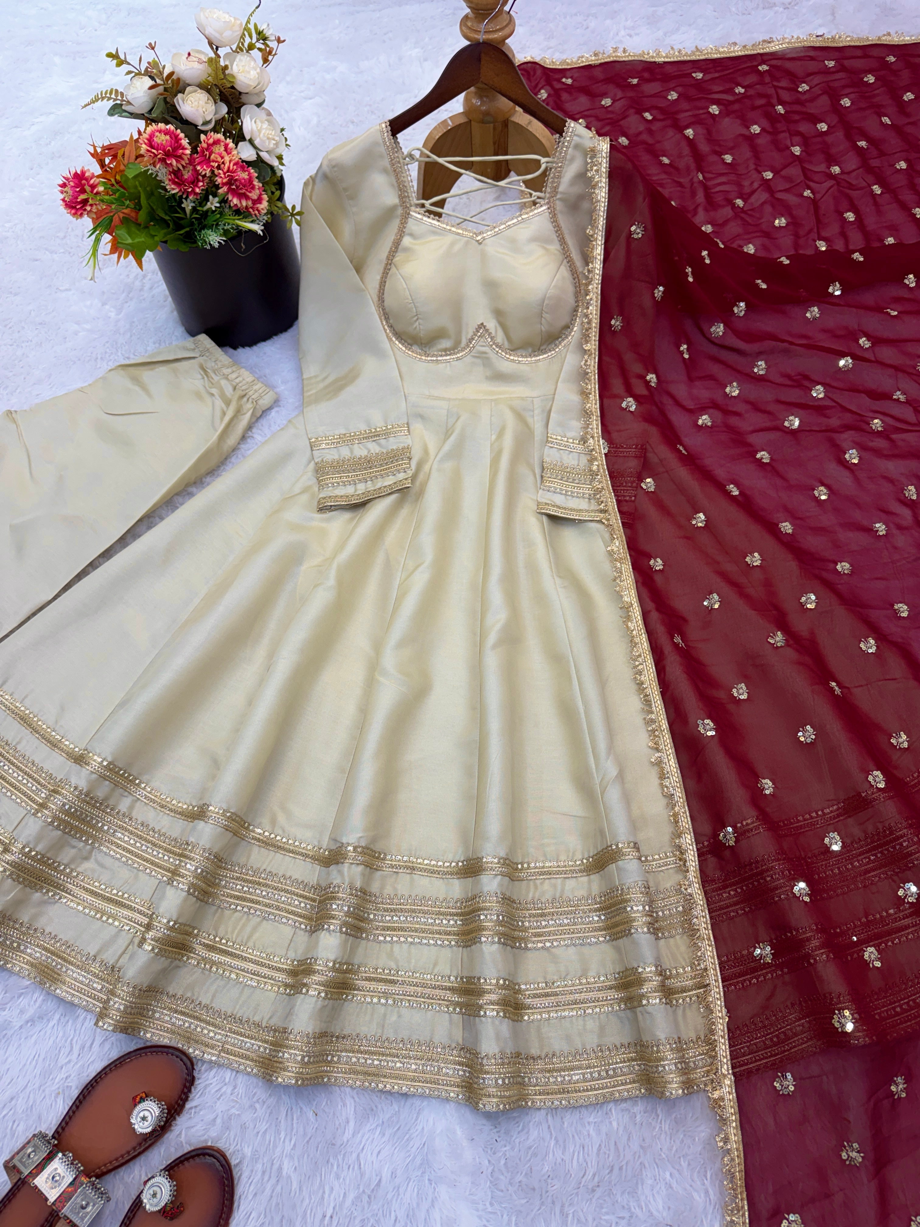 MEHER COSMOS GOLD FABRIC BASE EMBROIDERED ANARKALI SUIT SET OF 3