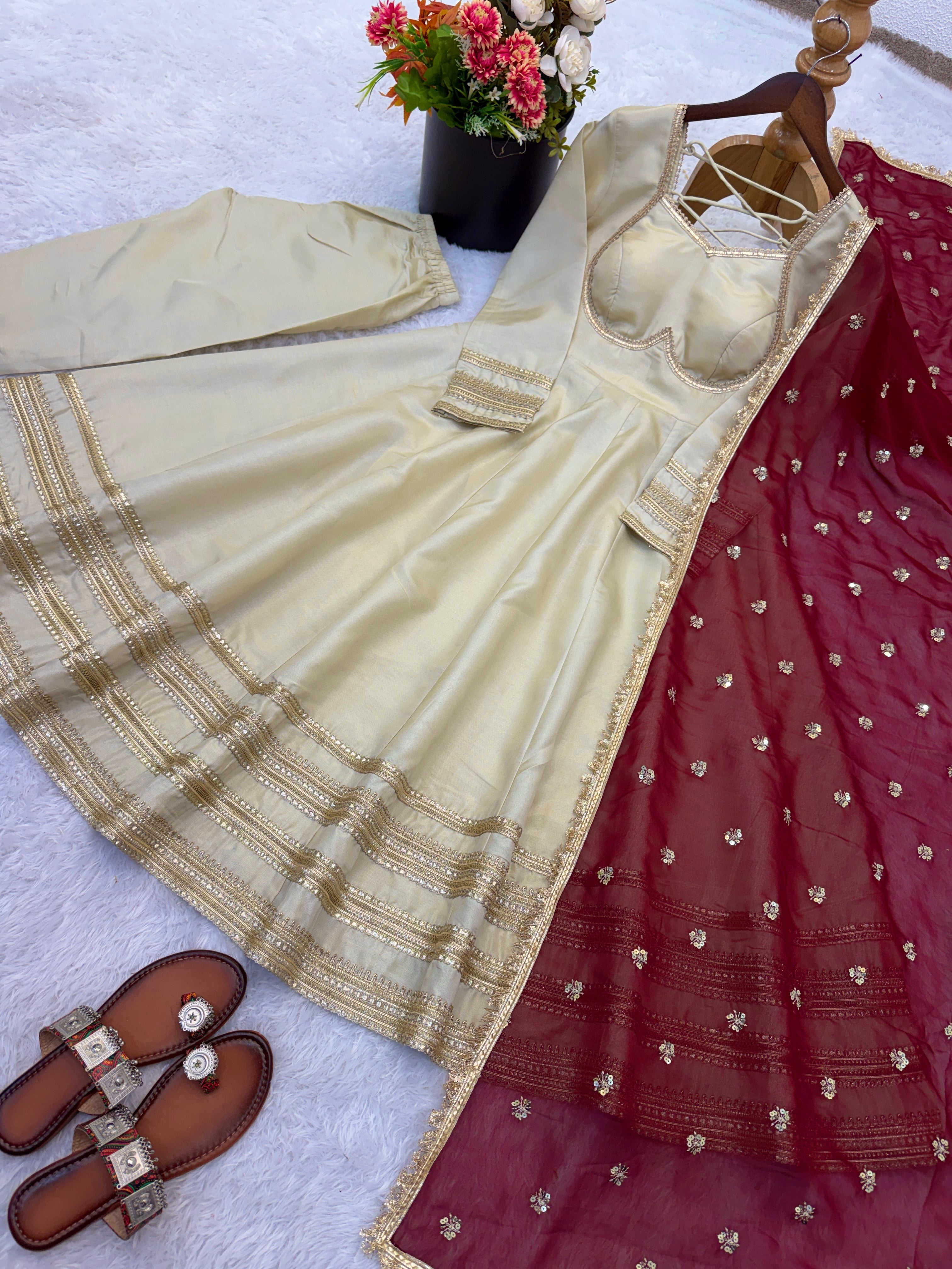 MEHER COSMOS GOLD FABRIC BASE EMBROIDERED ANARKALI SUIT SET OF 3