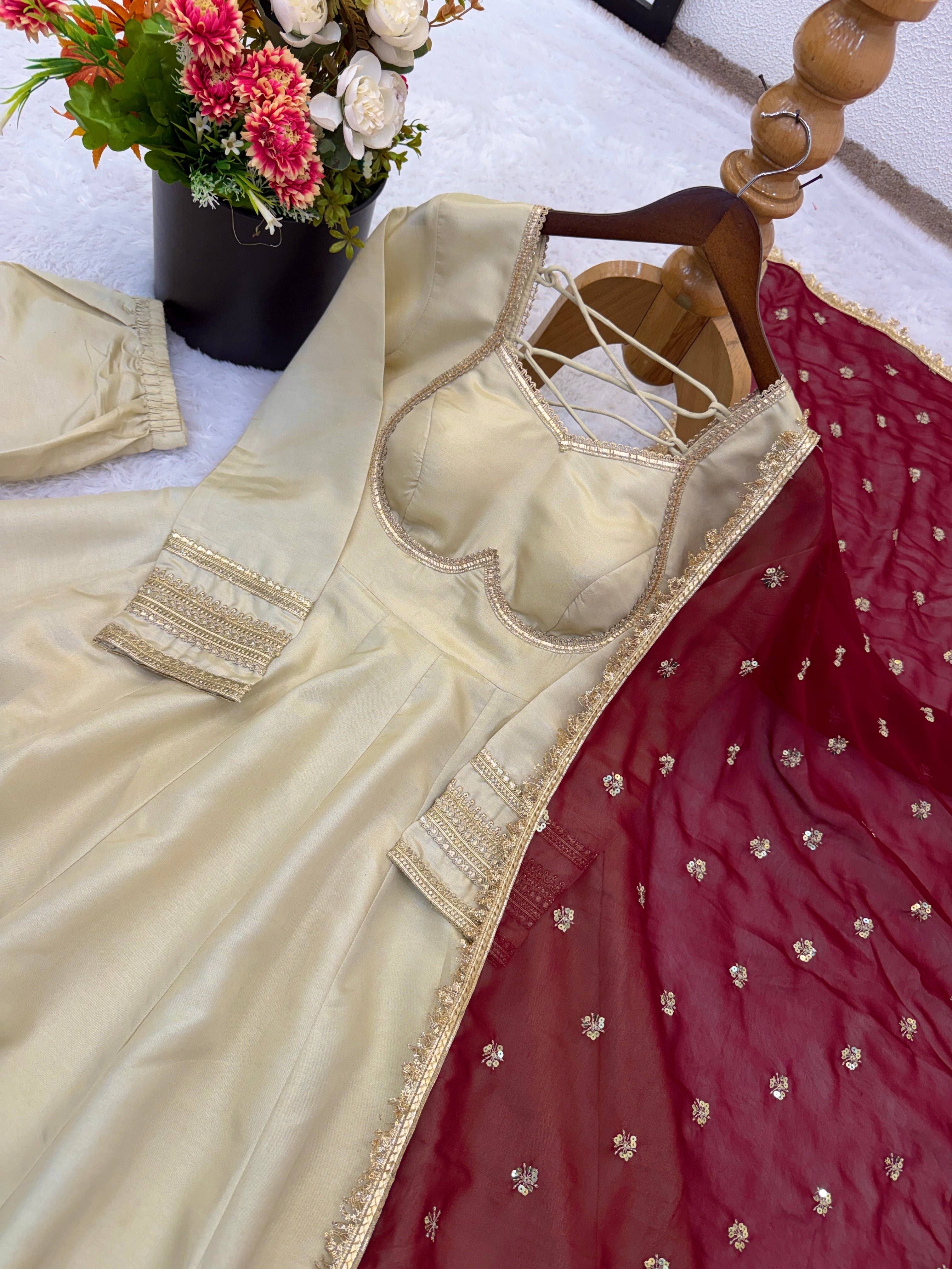MEHER COSMOS GOLD FABRIC BASE EMBROIDERED ANARKALI SUIT SET OF 3