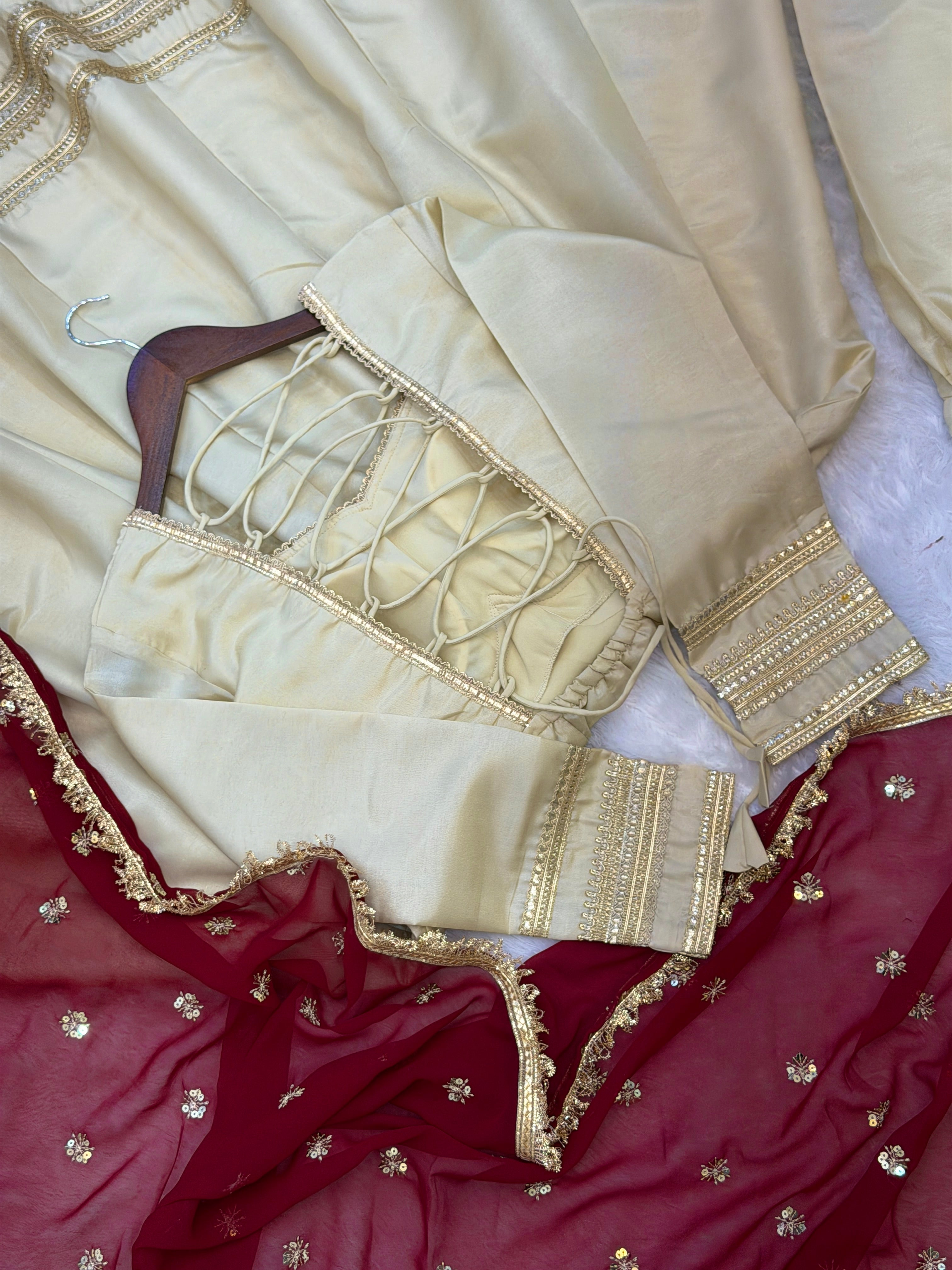 MEHER COSMOS GOLD FABRIC BASE EMBROIDERED ANARKALI SUIT SET OF 3