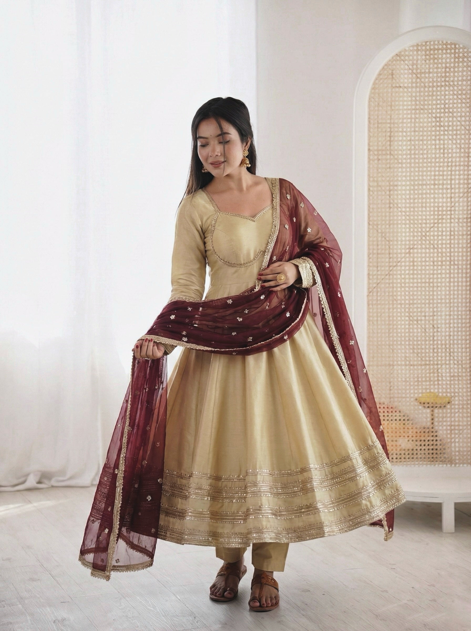 MEHER COSMOS GOLD FABRIC BASE EMBROIDERED ANARKALI SUIT SET OF 3