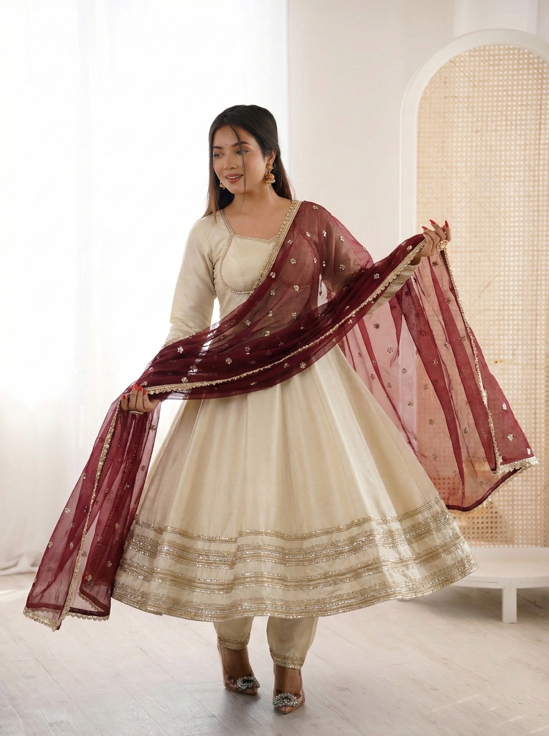 MEHER COSMOS GOLD FABRIC BASE EMBROIDERED ANARKALI SUIT SET OF 3