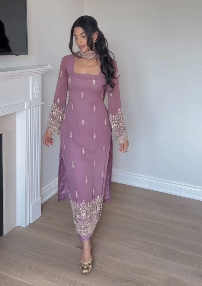 PINK FAUX GEORGETTE BEAUTIFUL EMBROIDERED WORK SUIT SET