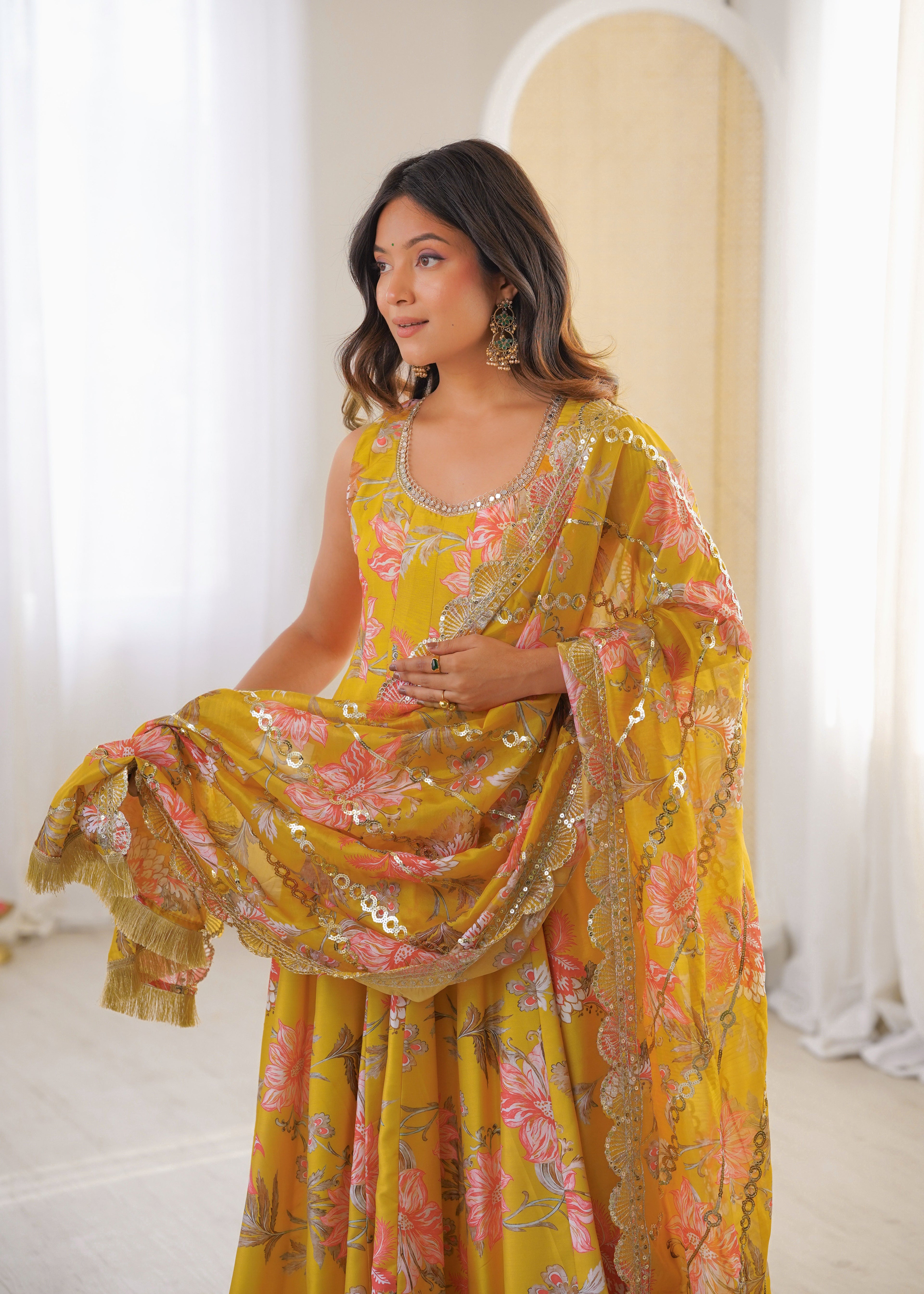 MUSTARD YELLOW FLORAL PRINTED SLEEVELESS ANARKALI SUIT SET