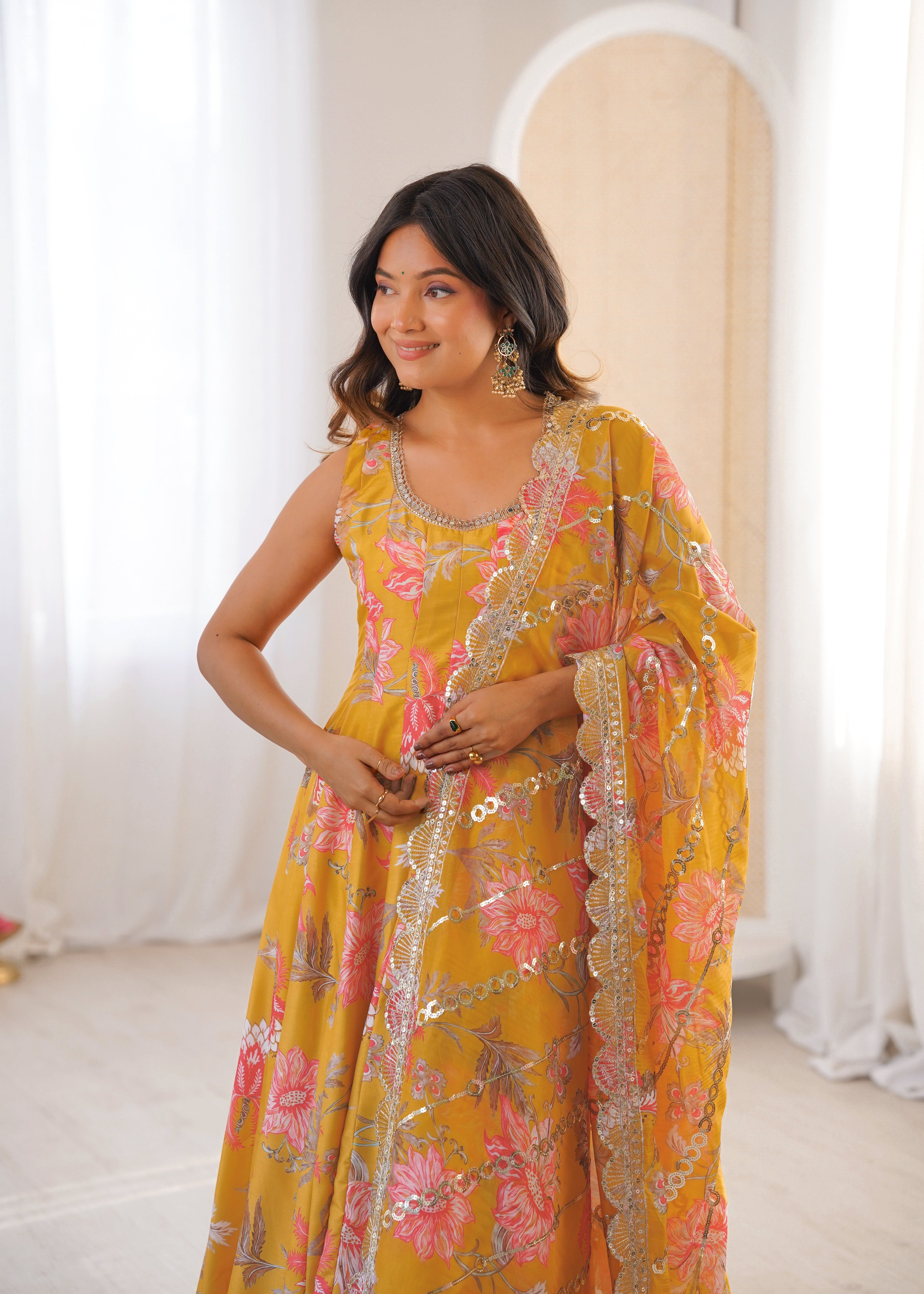 MUSTARD YELLOW FLORAL PRINTED SLEEVELESS ANARKALI SUIT SET