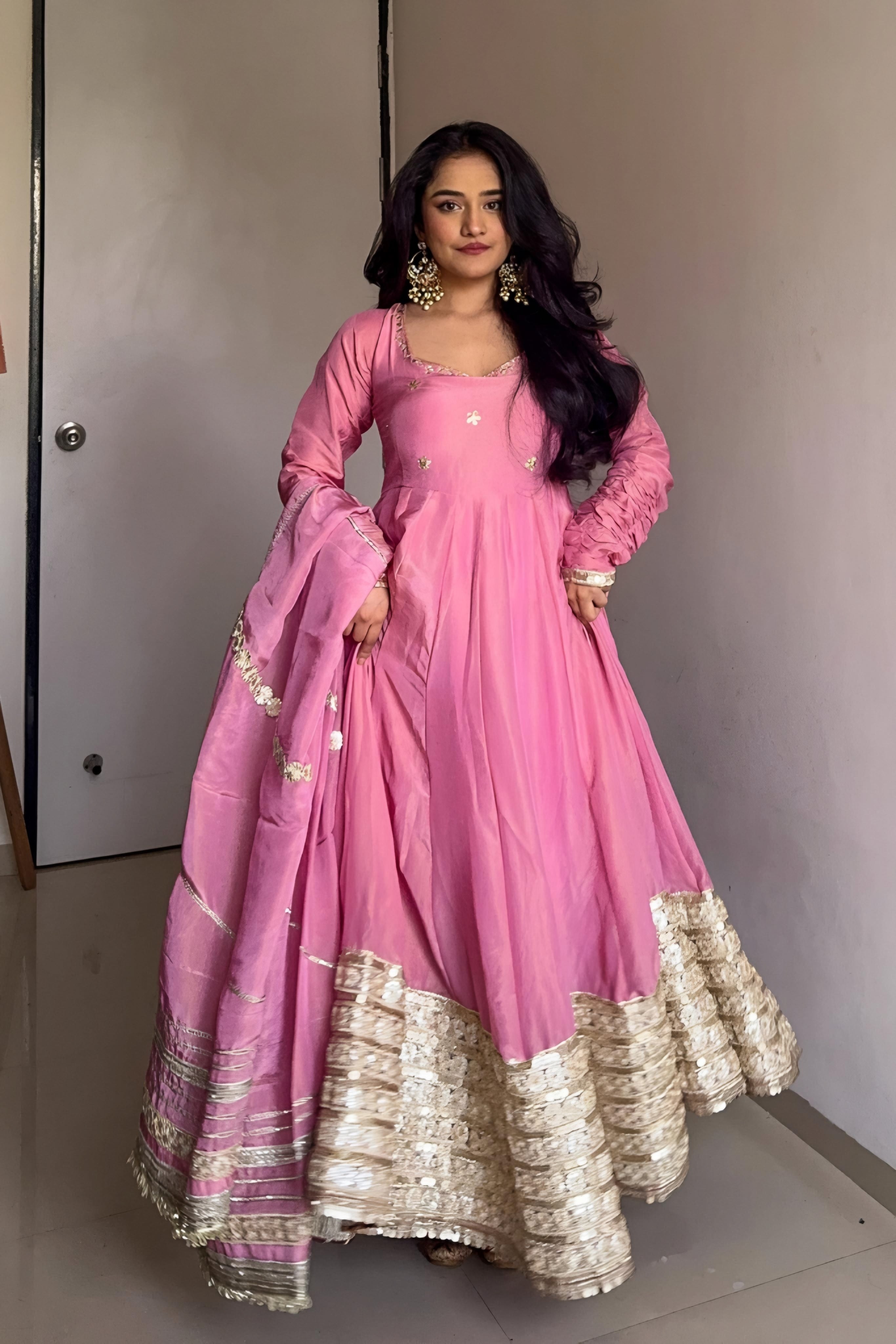 MOST TRENDING PINK COLOR EMBROIDERY SEQUENCE WORK ANARKALI SUIT