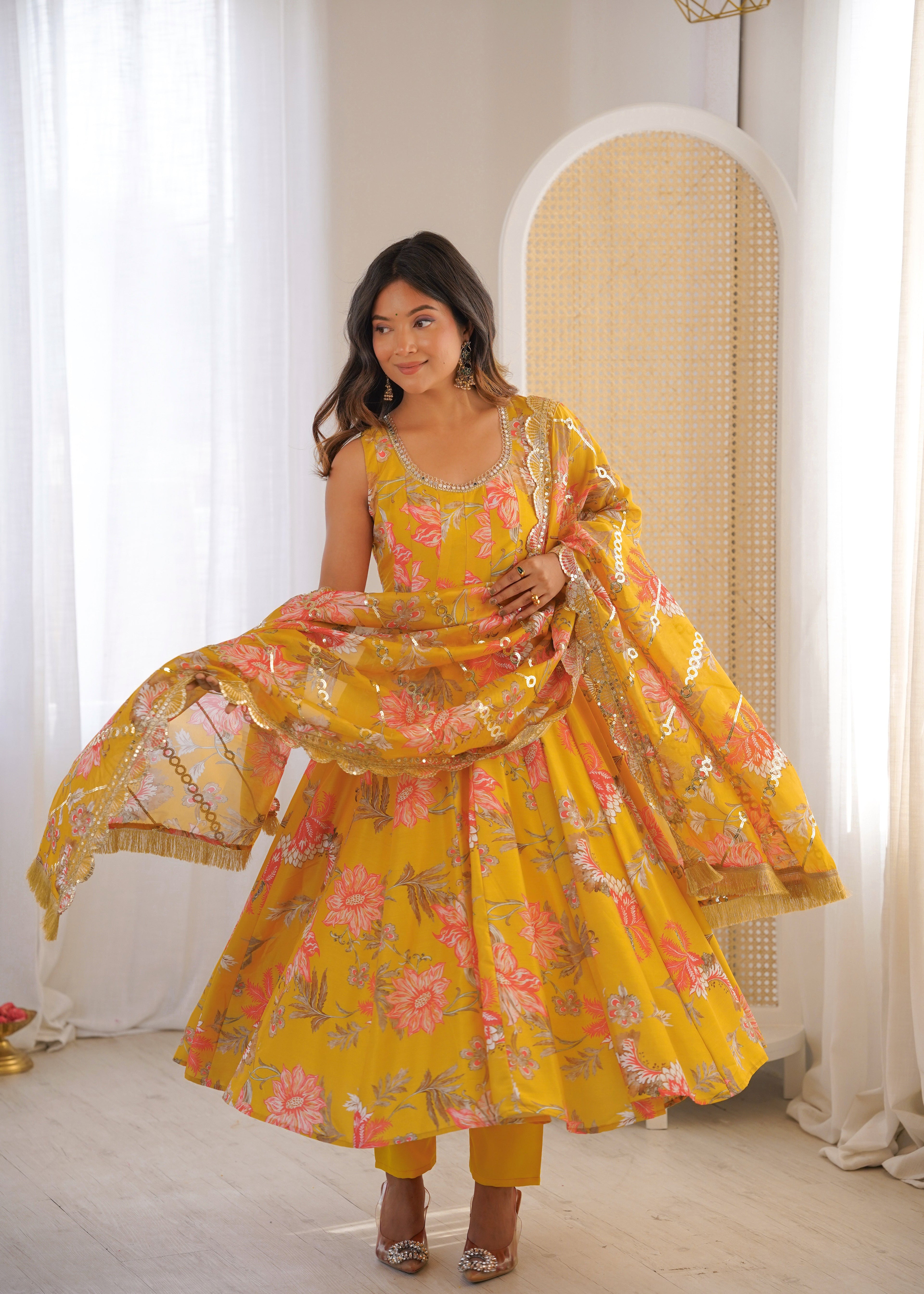 MUSTARD YELLOW FLORAL PRINTED SLEEVELESS ANARKALI SUIT SET