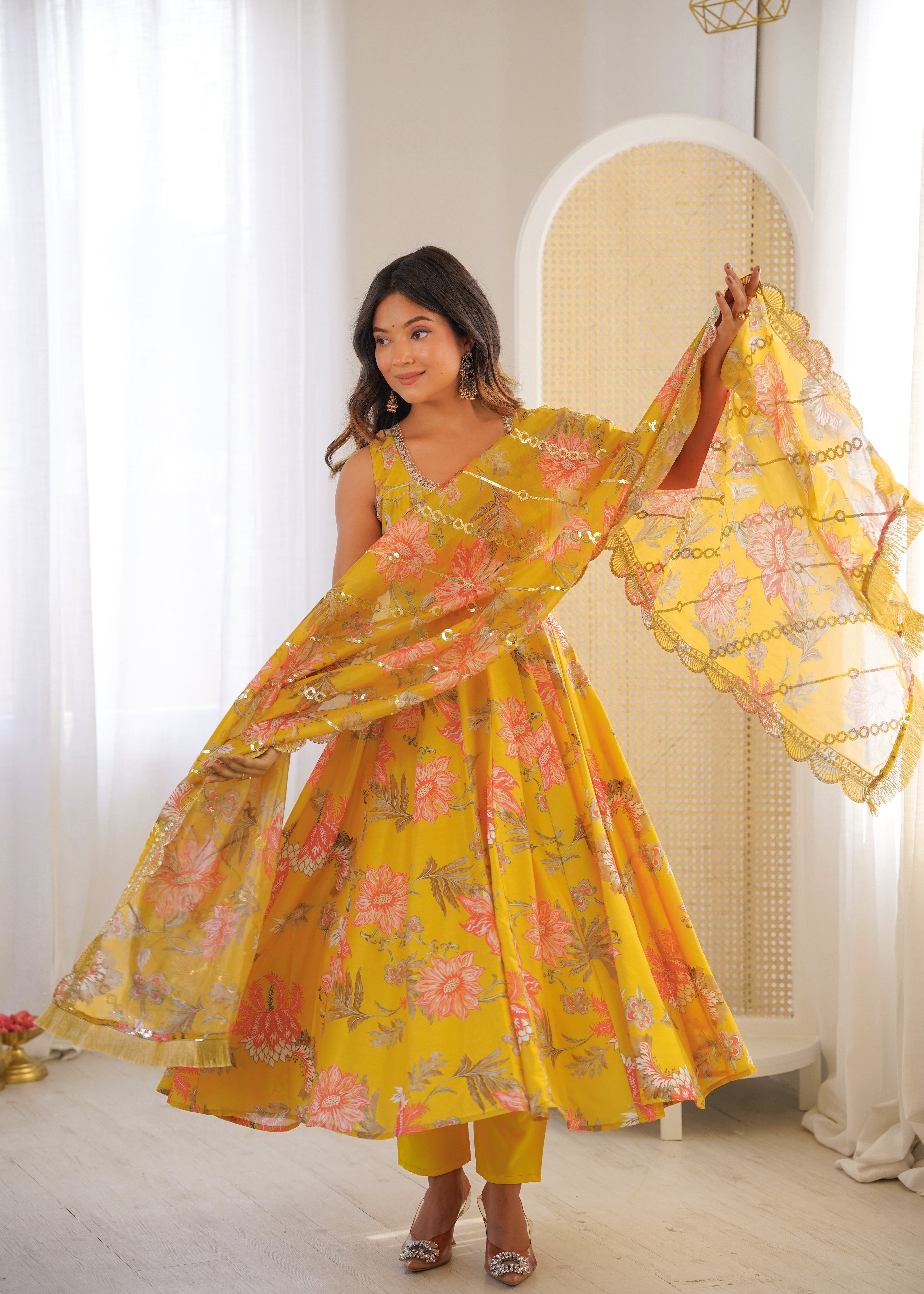 MUSTARD YELLOW FLORAL PRINTED SLEEVELESS ANARKALI SUIT SET