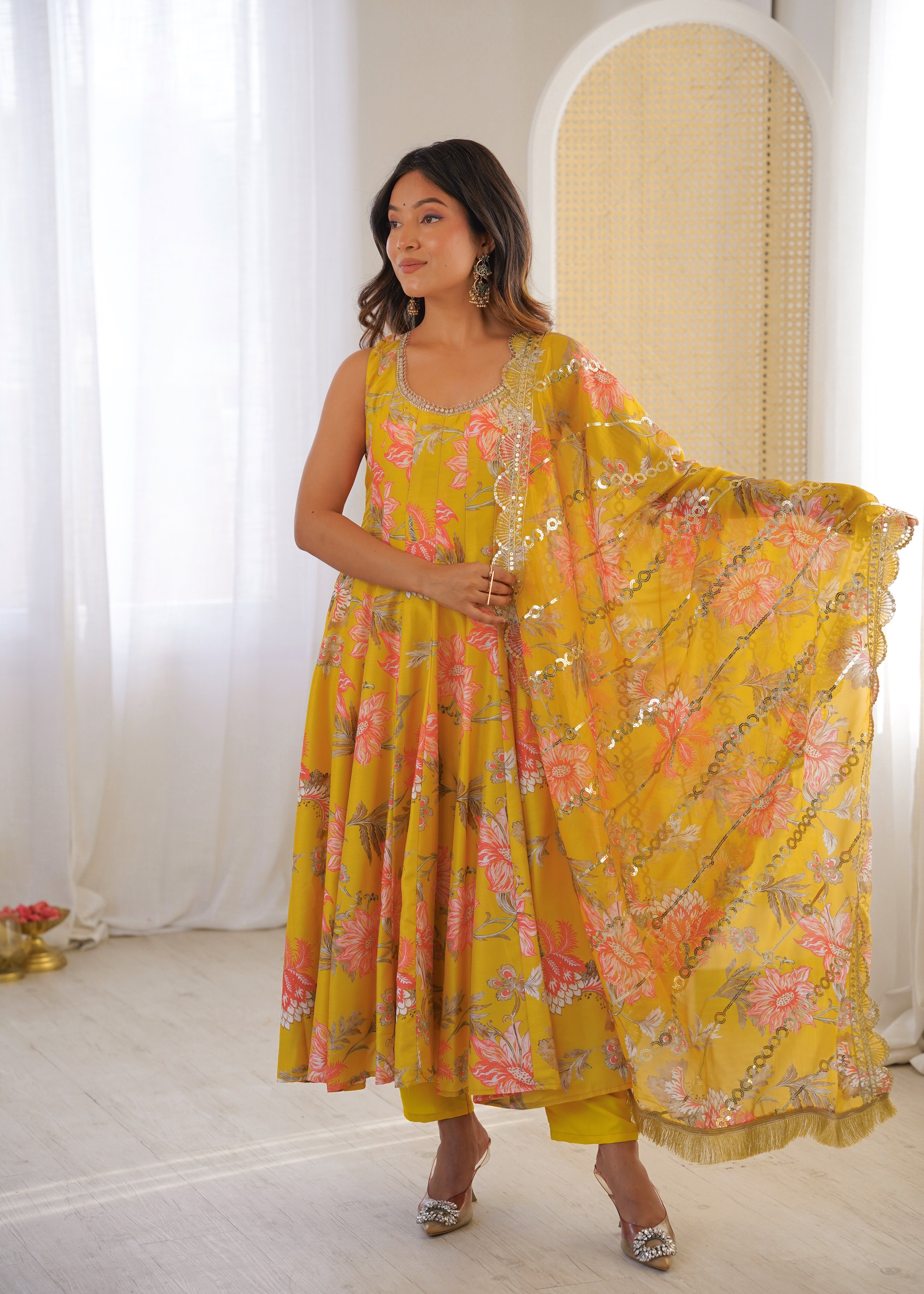 MUSTARD YELLOW FLORAL PRINTED SLEEVELESS ANARKALI SUIT SET