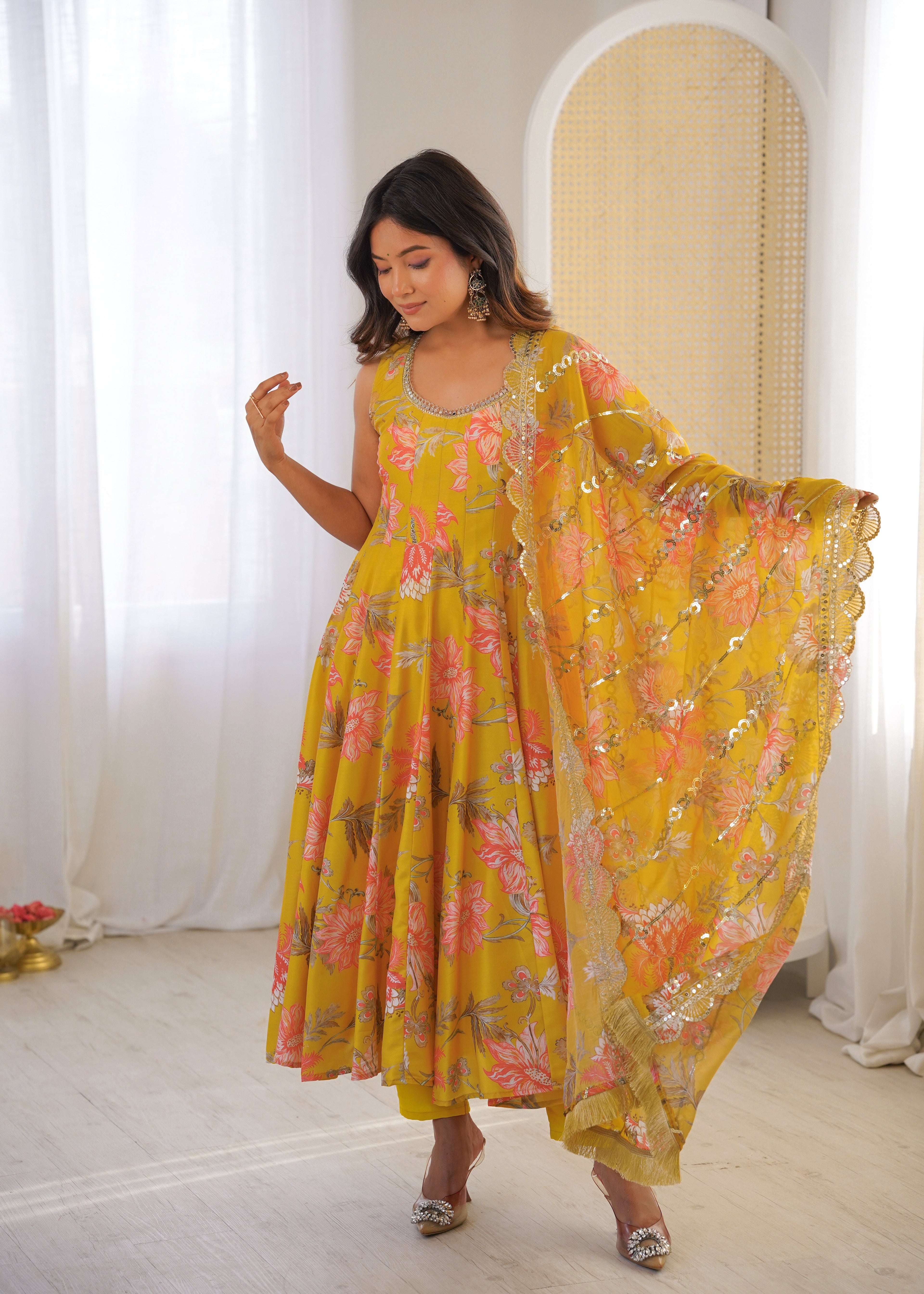 MUSTARD YELLOW FLORAL PRINTED SLEEVELESS ANARKALI SUIT SET