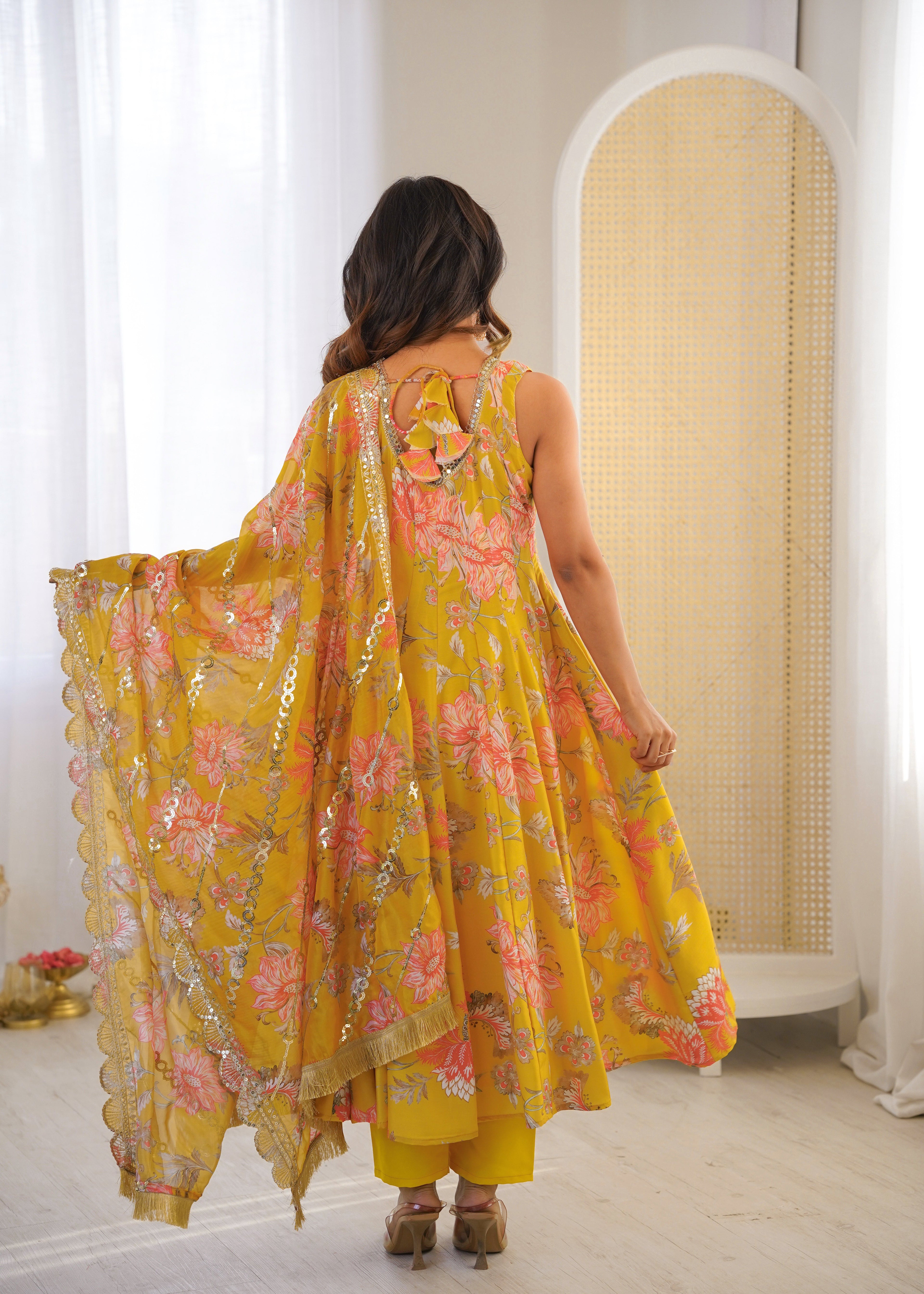 MUSTARD YELLOW FLORAL PRINTED SLEEVELESS ANARKALI SUIT SET