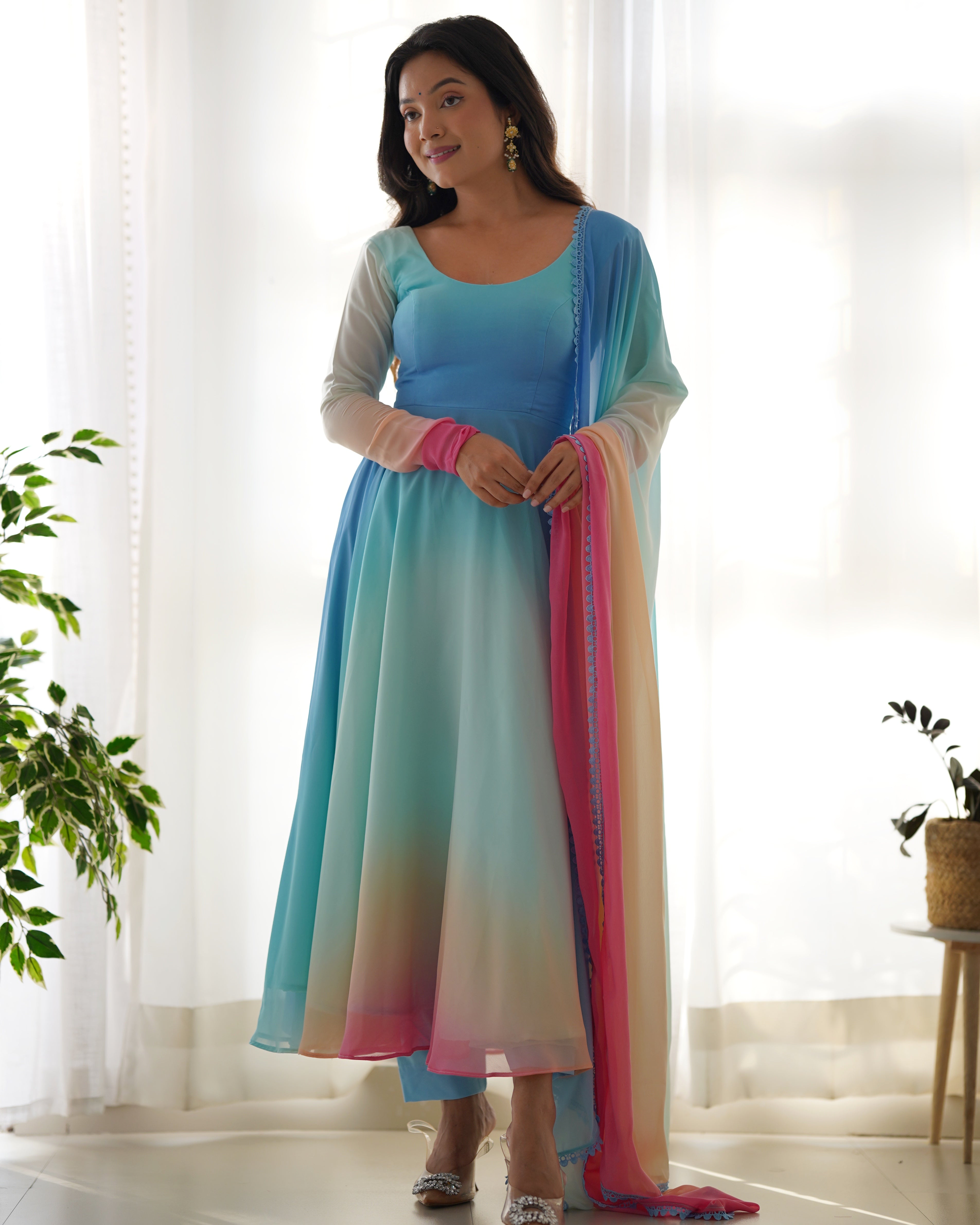 BEAUTIFUL MULTI COLOR FULLY FLAIR GEORGETTE THREE PIECE ANARKALI SUIT