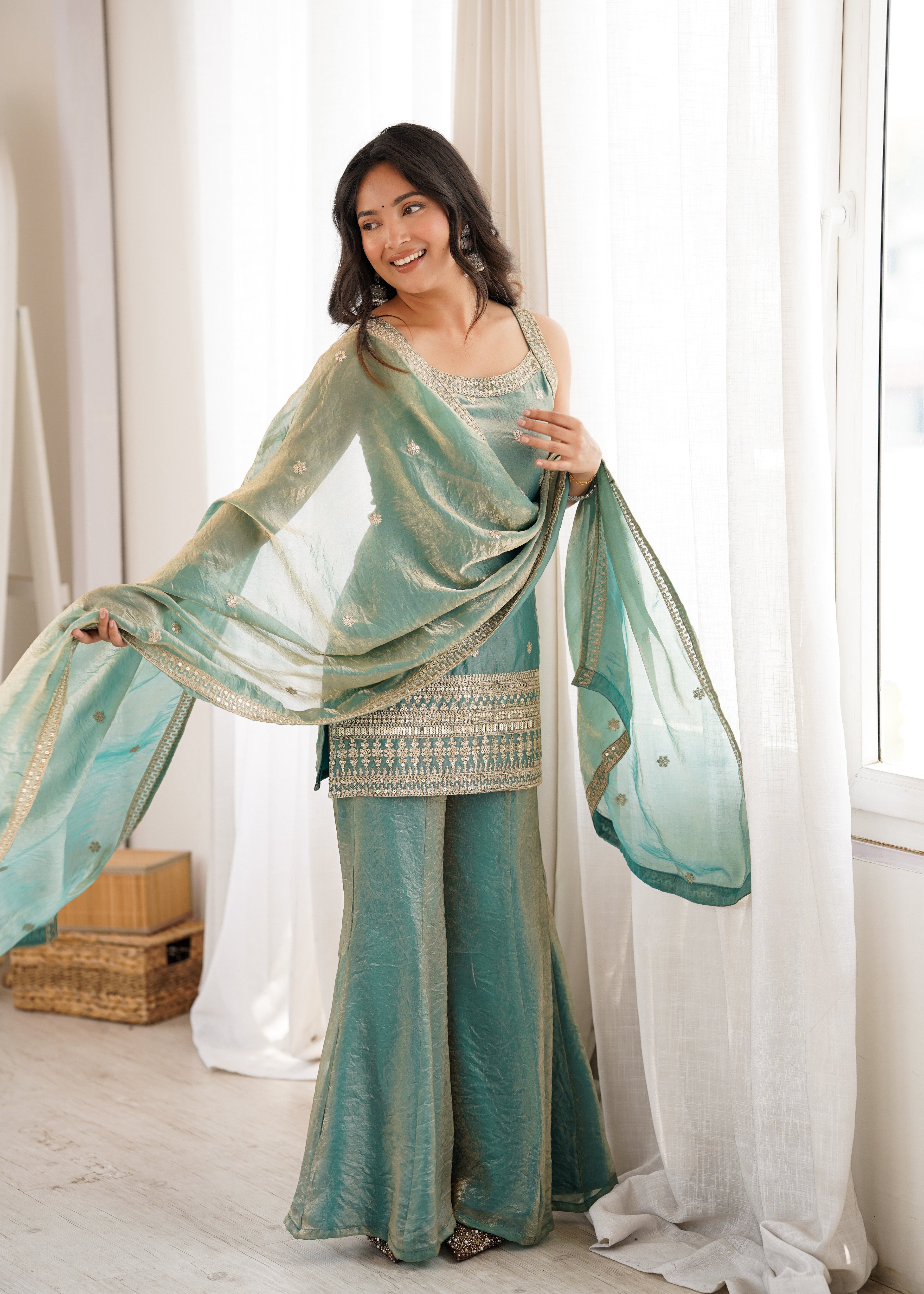 SEA GREEN FENDY SILK EMBROIDERED KURTA WITH BELL BOTTOM SET