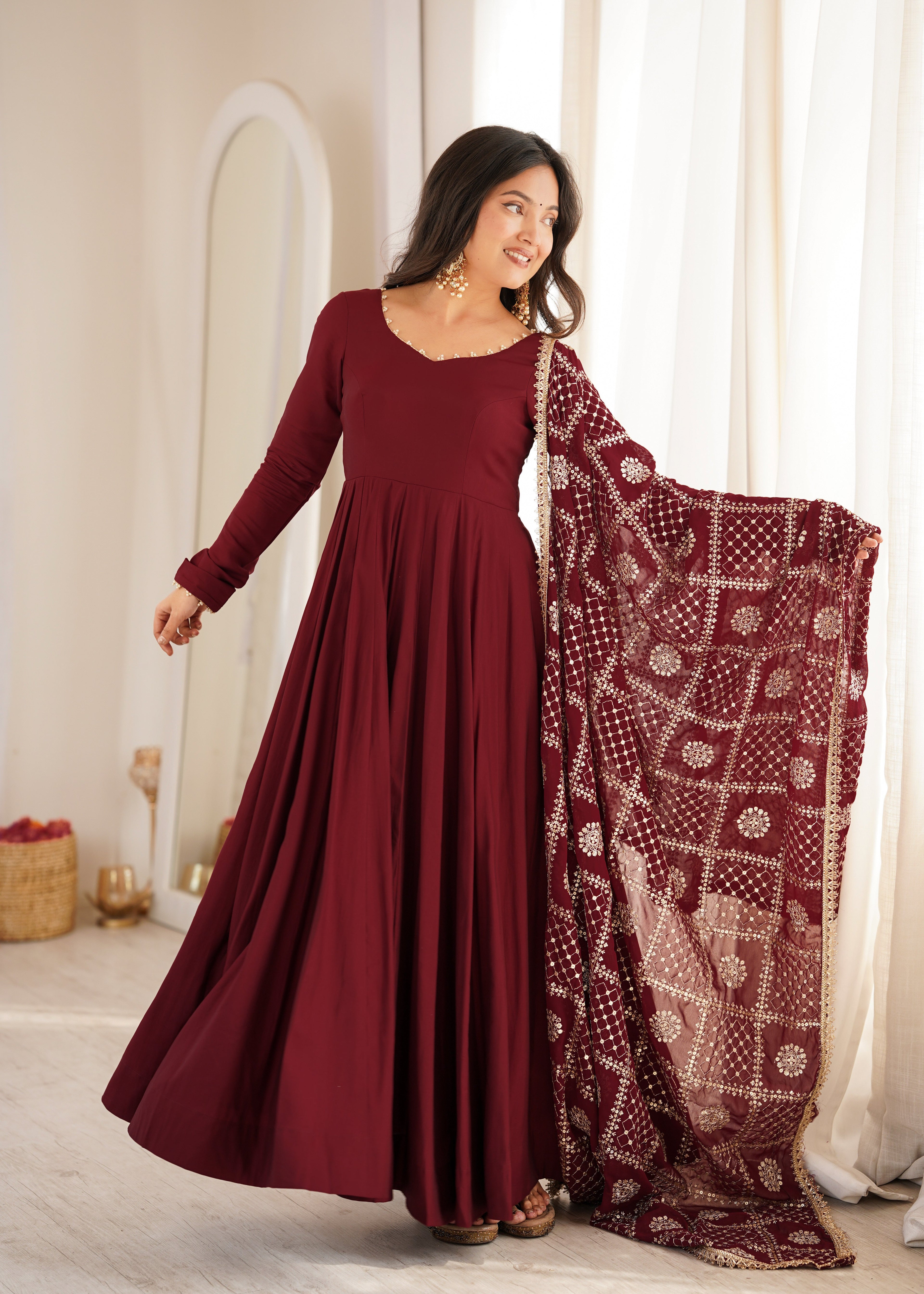 DESIGNER MAROON ROMAN SILK CHANDERI 16 KALI ANARKALI GOWN WITH EMBROIDERED DUPATTA