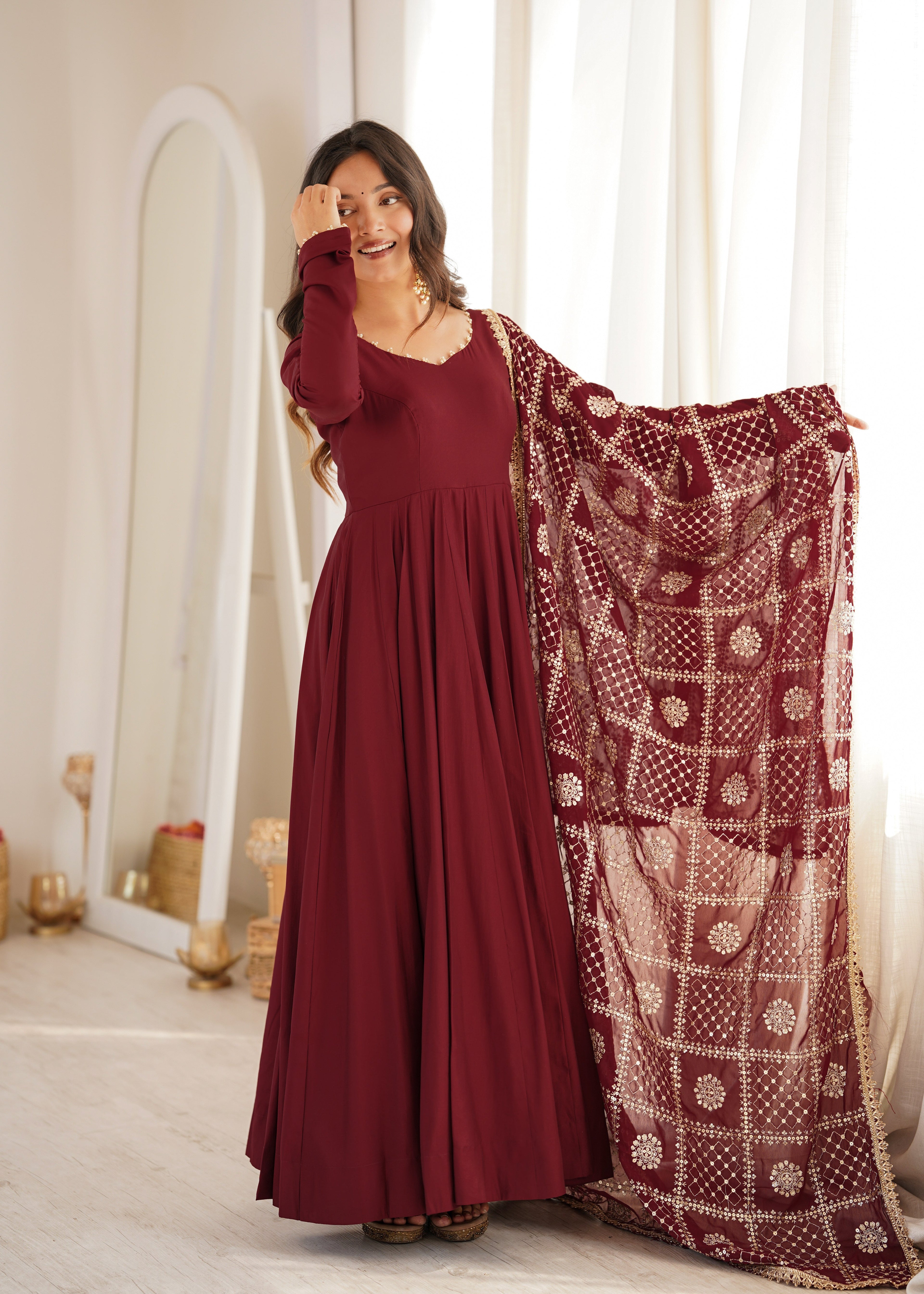 DESIGNER MAROON ROMAN SILK CHANDERI 16 KALI ANARKALI GOWN WITH EMBROIDERED DUPATTA