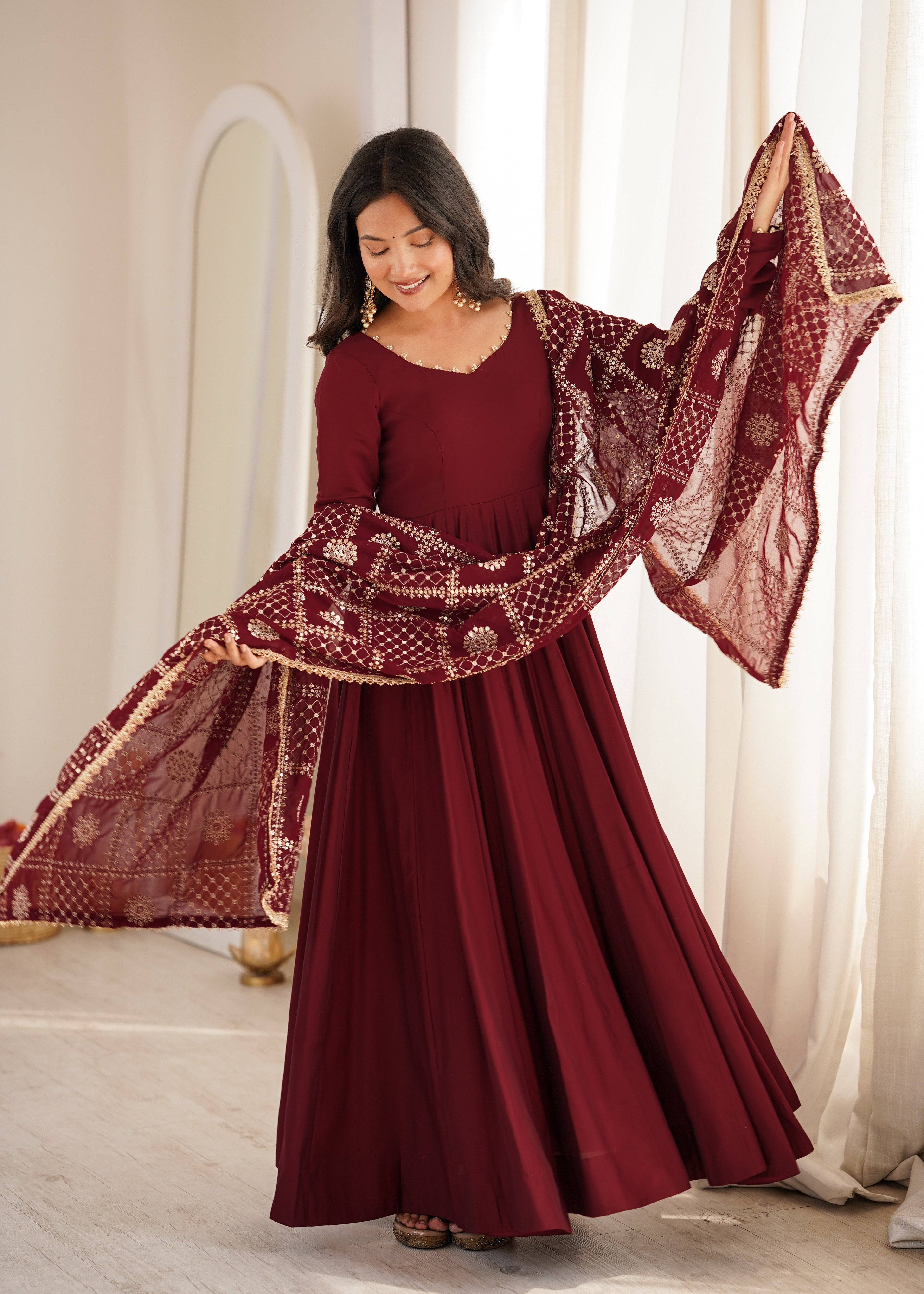 DESIGNER MAROON ROMAN SILK CHANDERI 16 KALI ANARKALI GOWN WITH EMBROIDERED DUPATTA