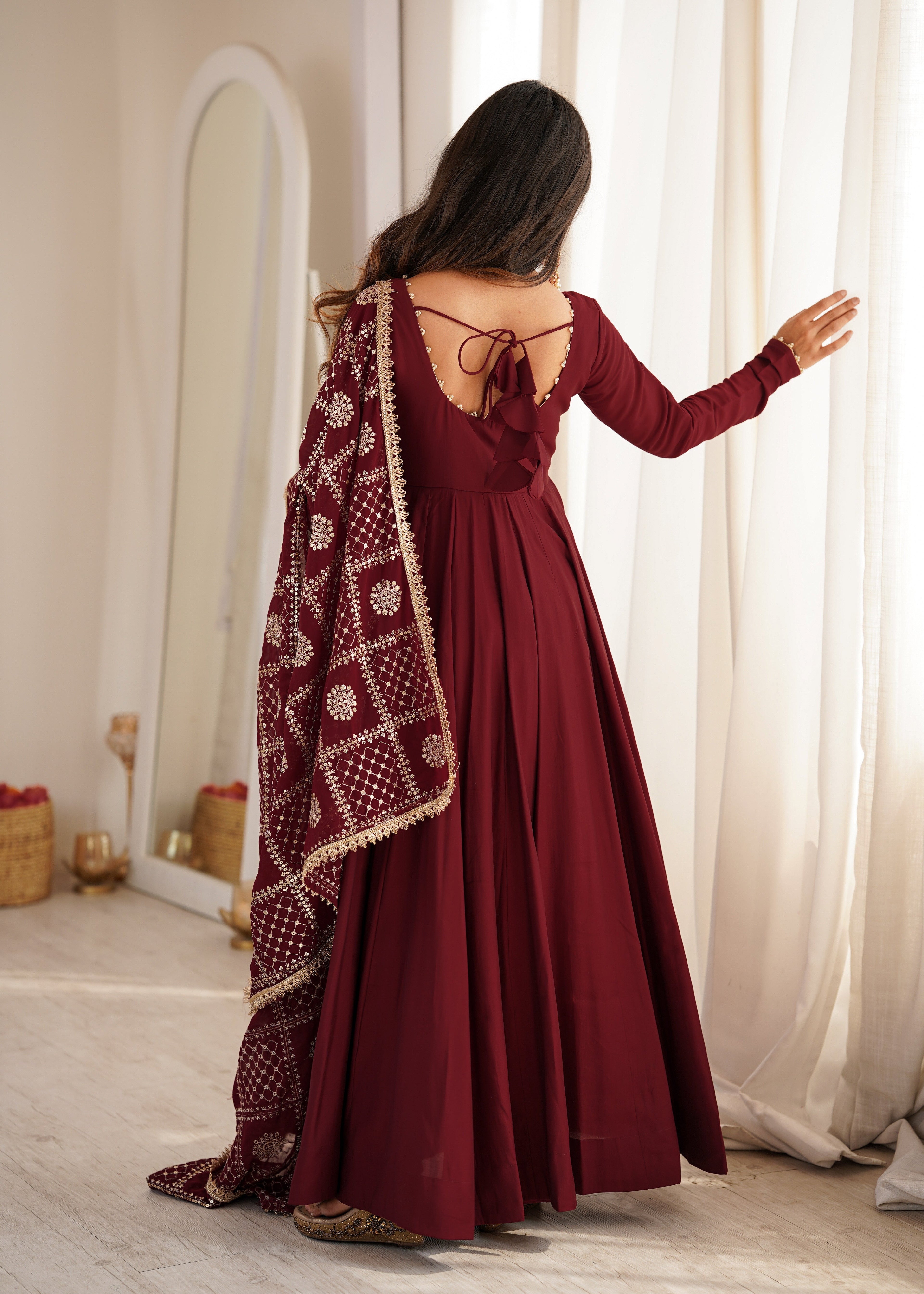 DESIGNER MAROON ROMAN SILK CHANDERI 16 KALI ANARKALI GOWN WITH EMBROIDERED DUPATTA