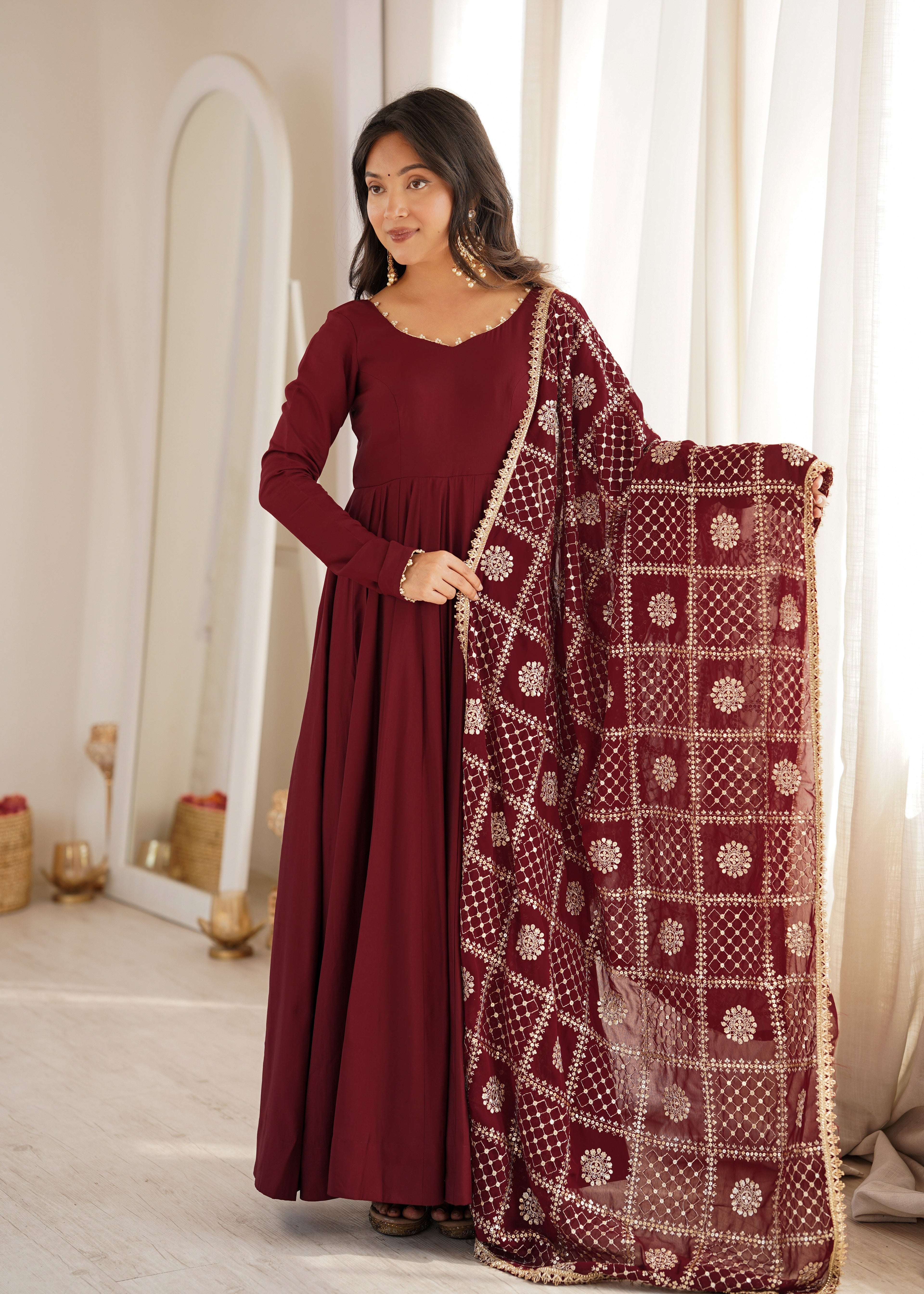 DESIGNER MAROON ROMAN SILK CHANDERI 16 KALI ANARKALI GOWN WITH EMBROIDERED DUPATTA
