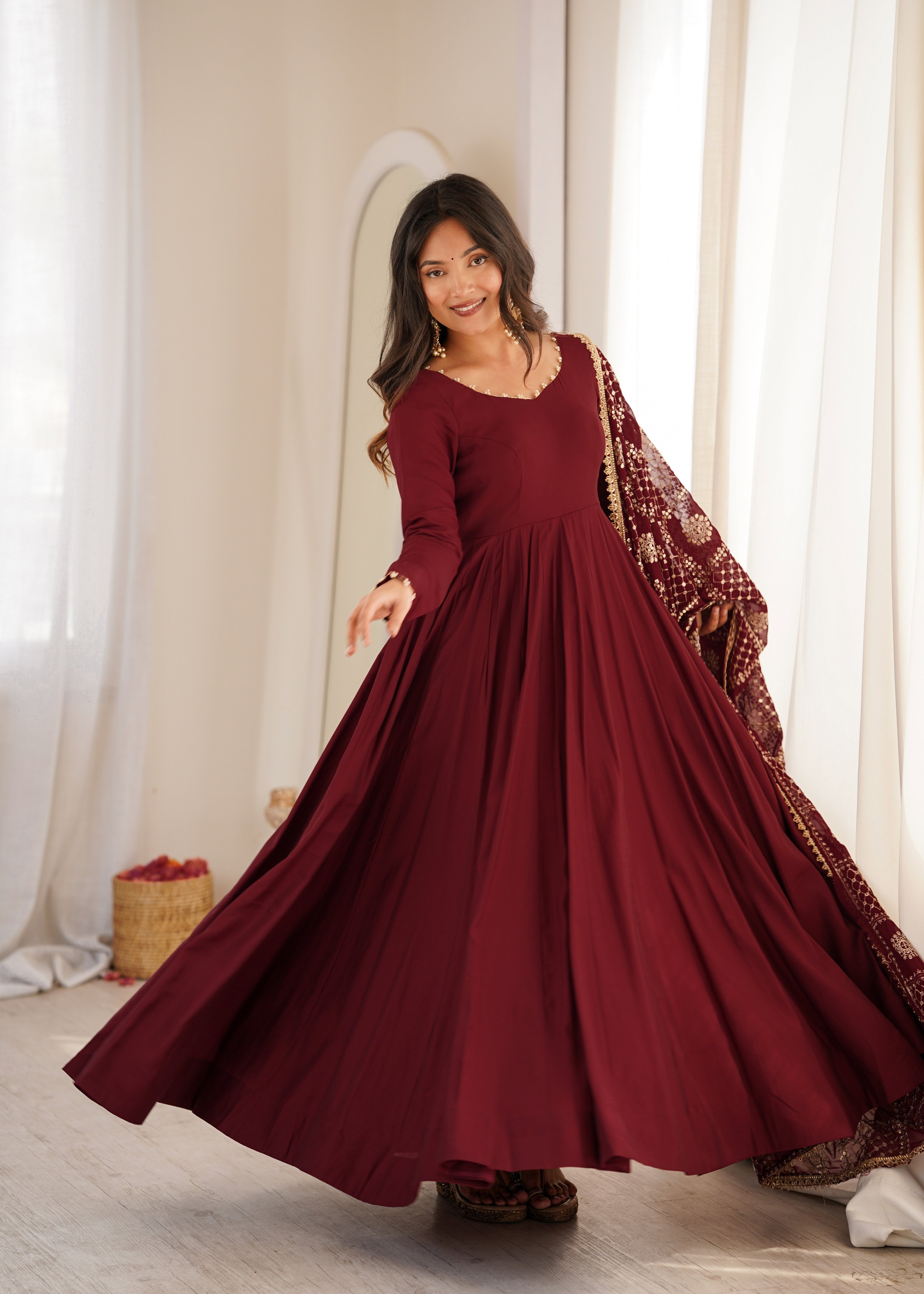 DESIGNER MAROON ROMAN SILK CHANDERI 16 KALI ANARKALI GOWN WITH EMBROIDERED DUPATTA