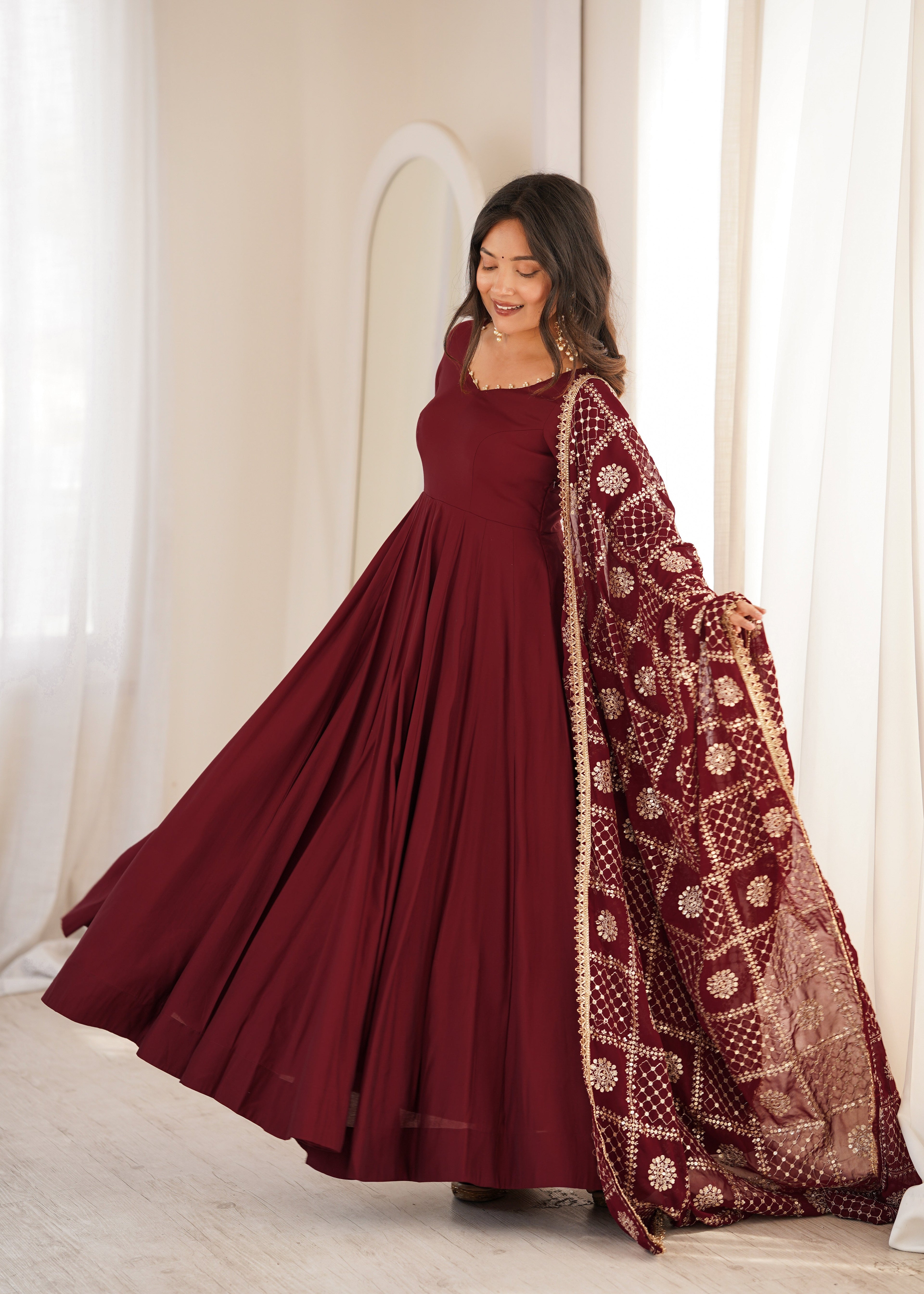 DESIGNER MAROON ROMAN SILK CHANDERI 16 KALI ANARKALI GOWN WITH EMBROIDERED DUPATTA