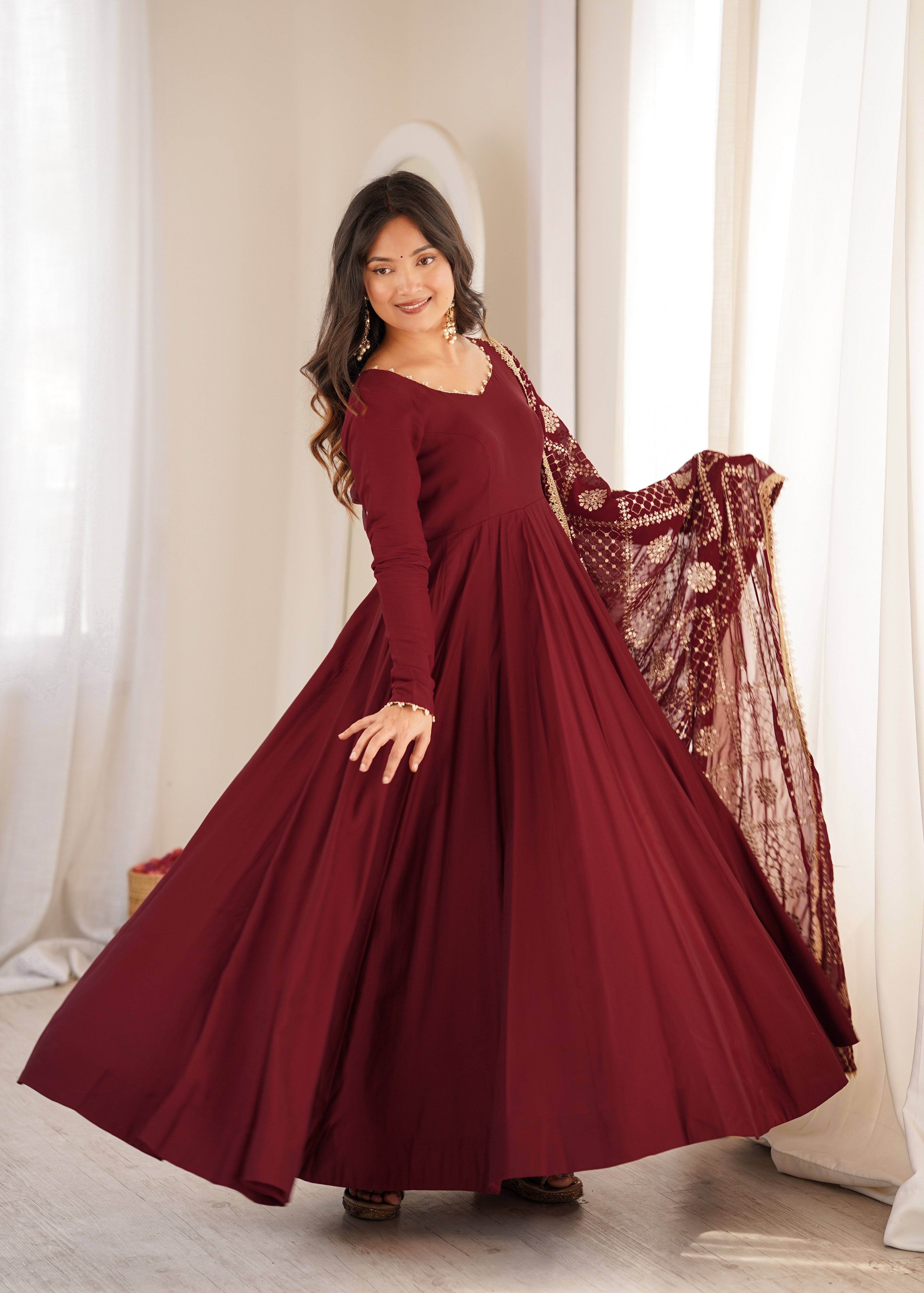 DESIGNER MAROON ROMAN SILK CHANDERI 16 KALI ANARKALI GOWN WITH EMBROIDERED DUPATTA