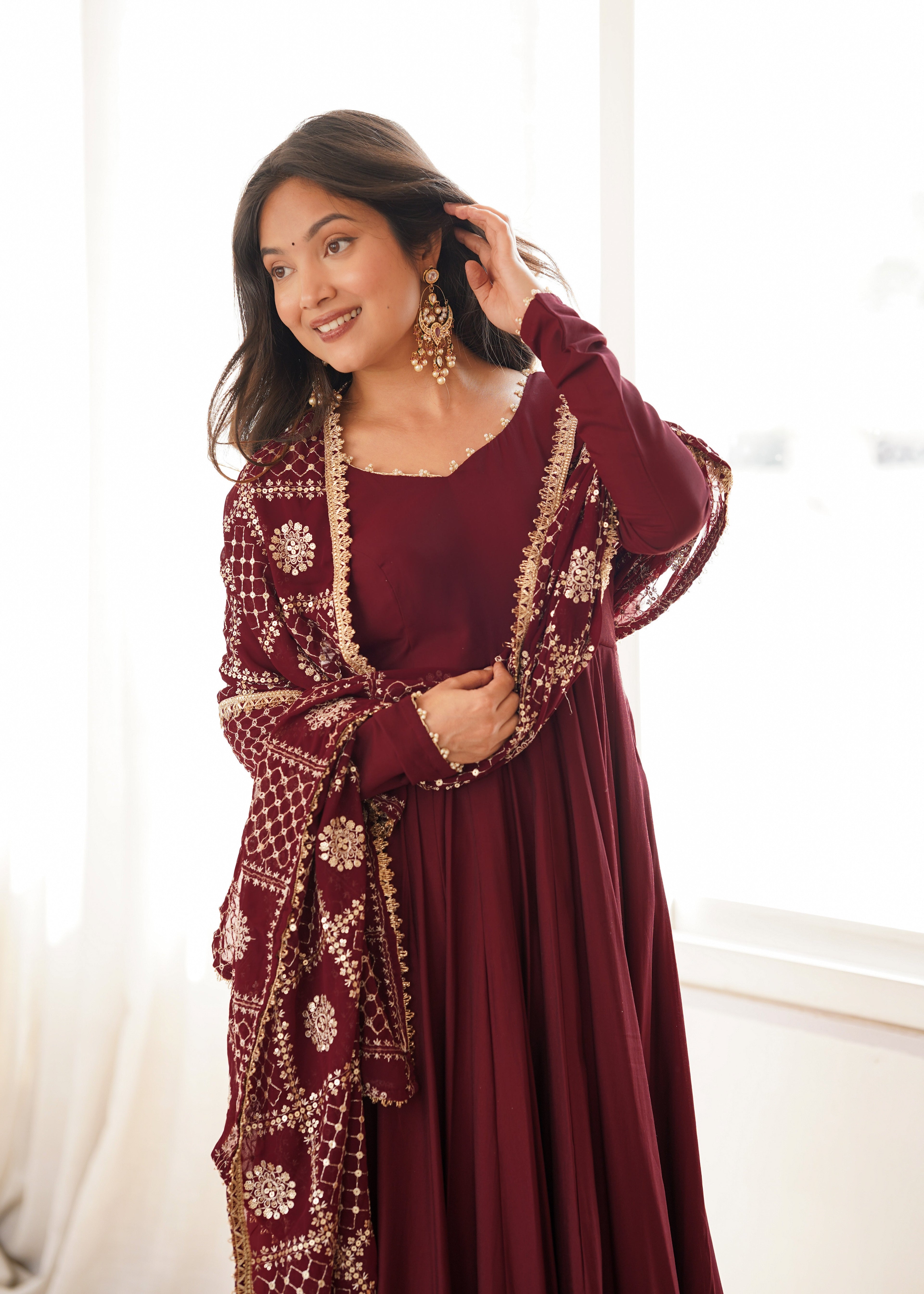 DESIGNER MAROON ROMAN SILK CHANDERI 16 KALI ANARKALI GOWN WITH EMBROIDERED DUPATTA