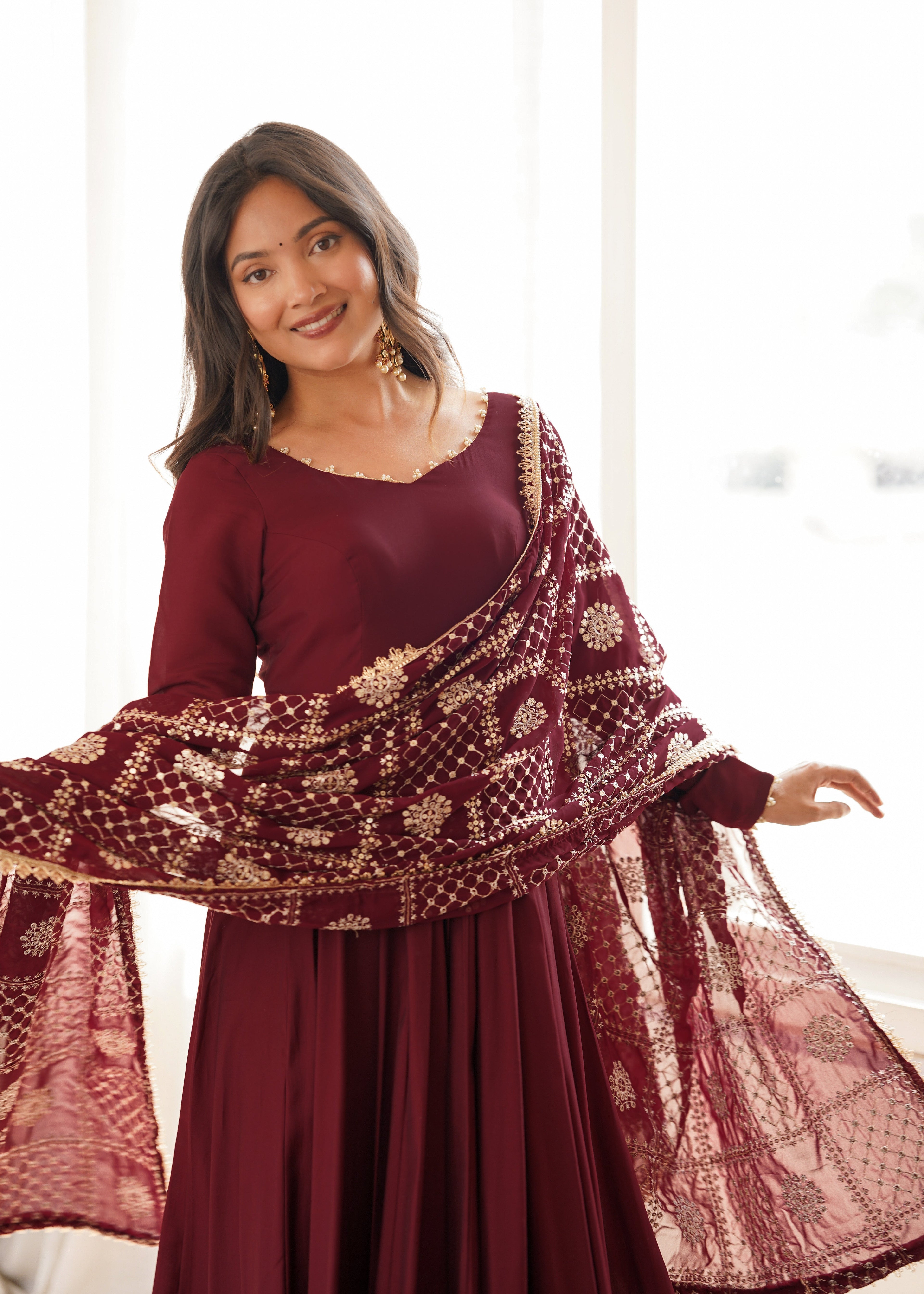 DESIGNER MAROON ROMAN SILK CHANDERI 16 KALI ANARKALI GOWN WITH EMBROIDERED DUPATTA