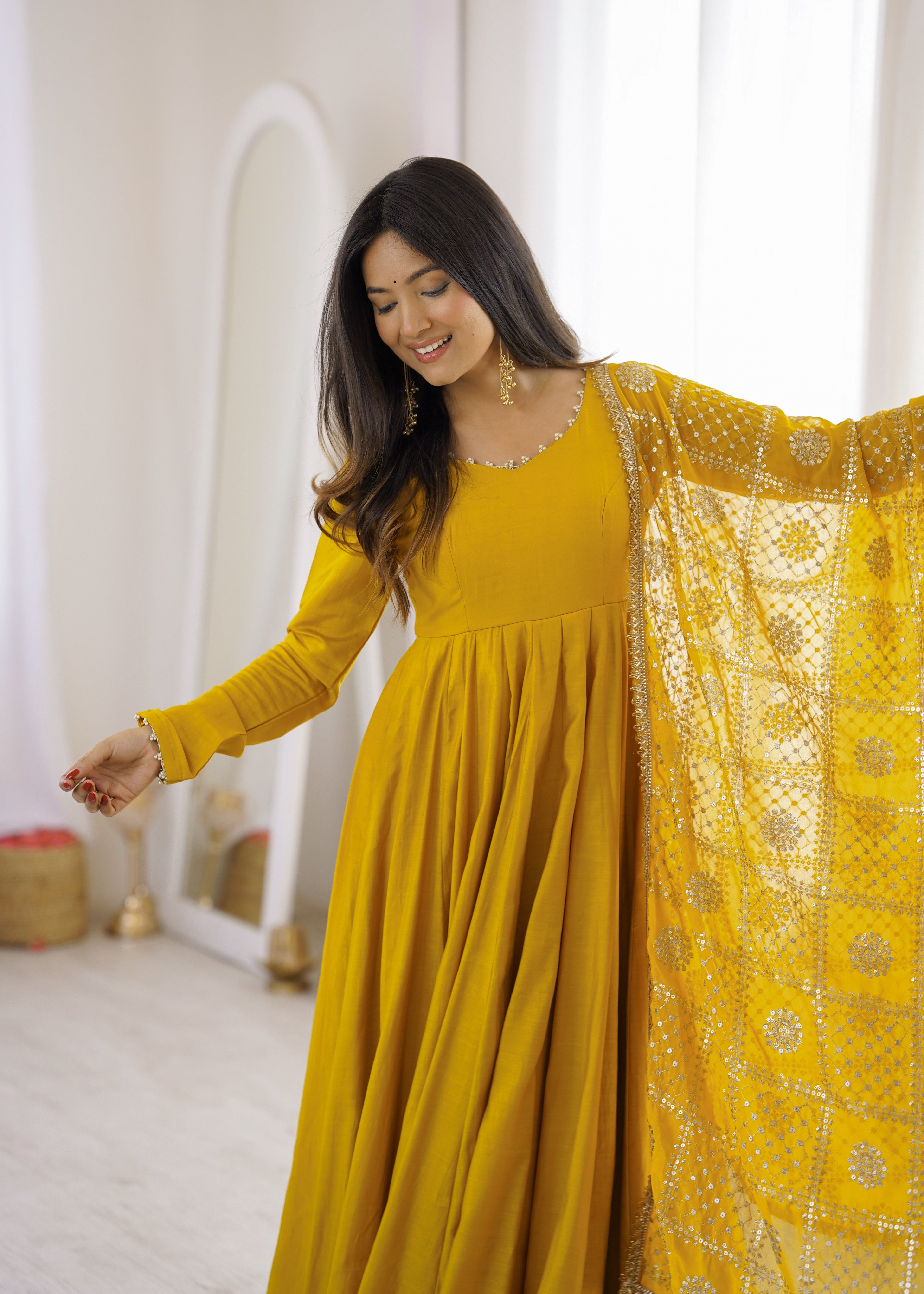 DESIGNER YELLOW ROMAN SILK CHANDERI 16 KALI ANARKALI GOWN WITH EMBROIDERED DUPATTA
