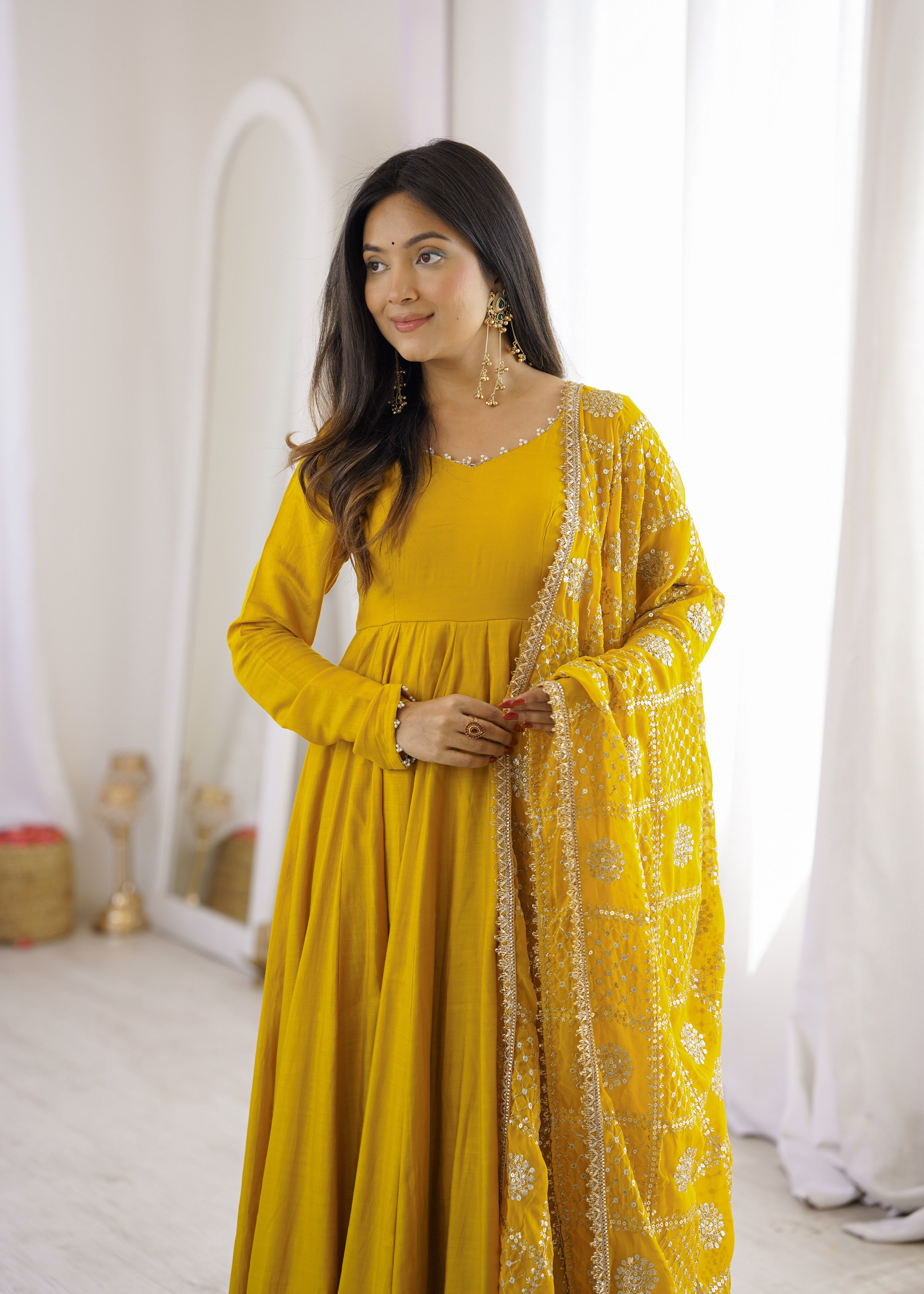 DESIGNER YELLOW ROMAN SILK CHANDERI 16 KALI ANARKALI GOWN WITH EMBROIDERED DUPATTA