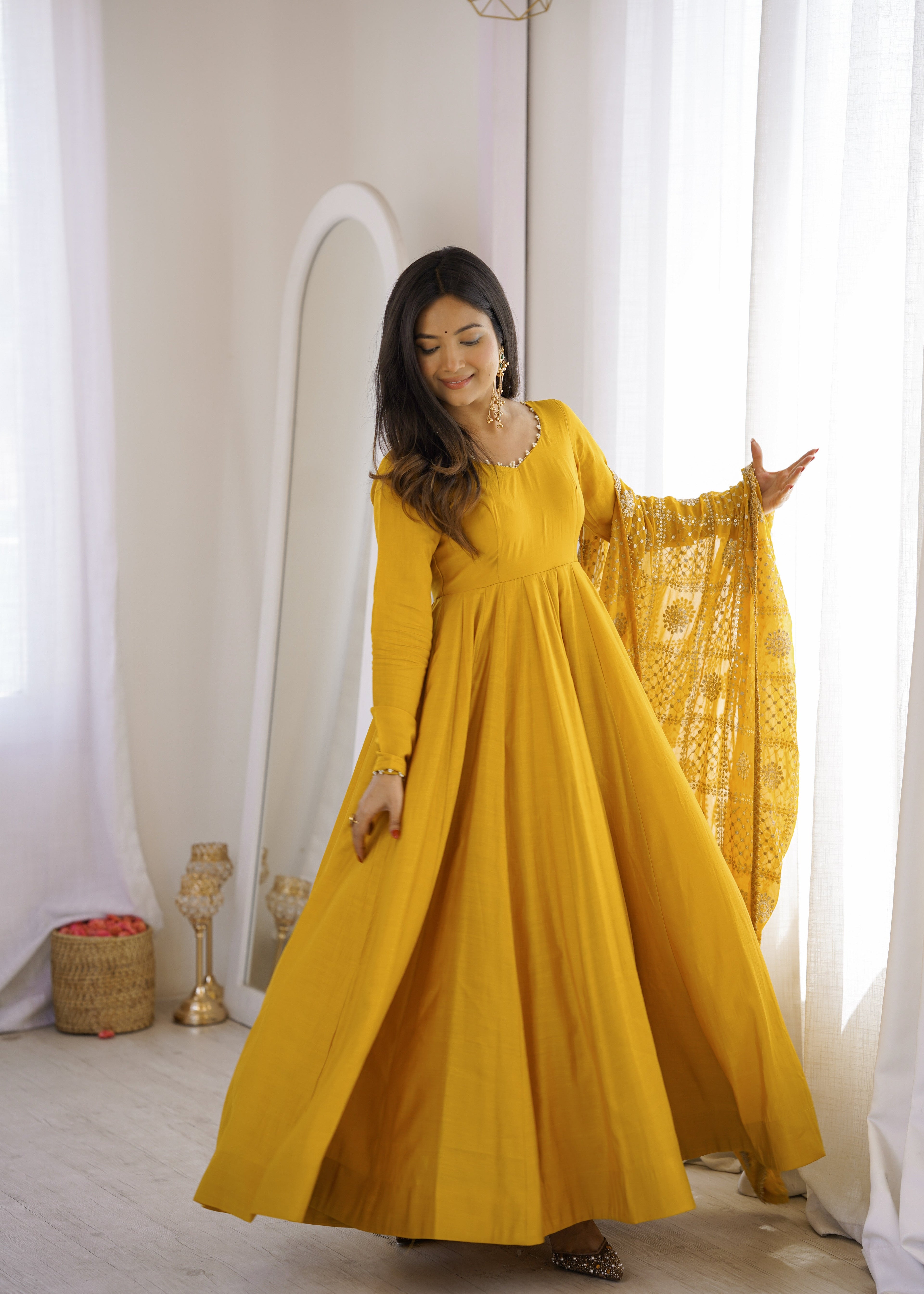 DESIGNER YELLOW ROMAN SILK CHANDERI 16 KALI ANARKALI GOWN WITH EMBROIDERED DUPATTA