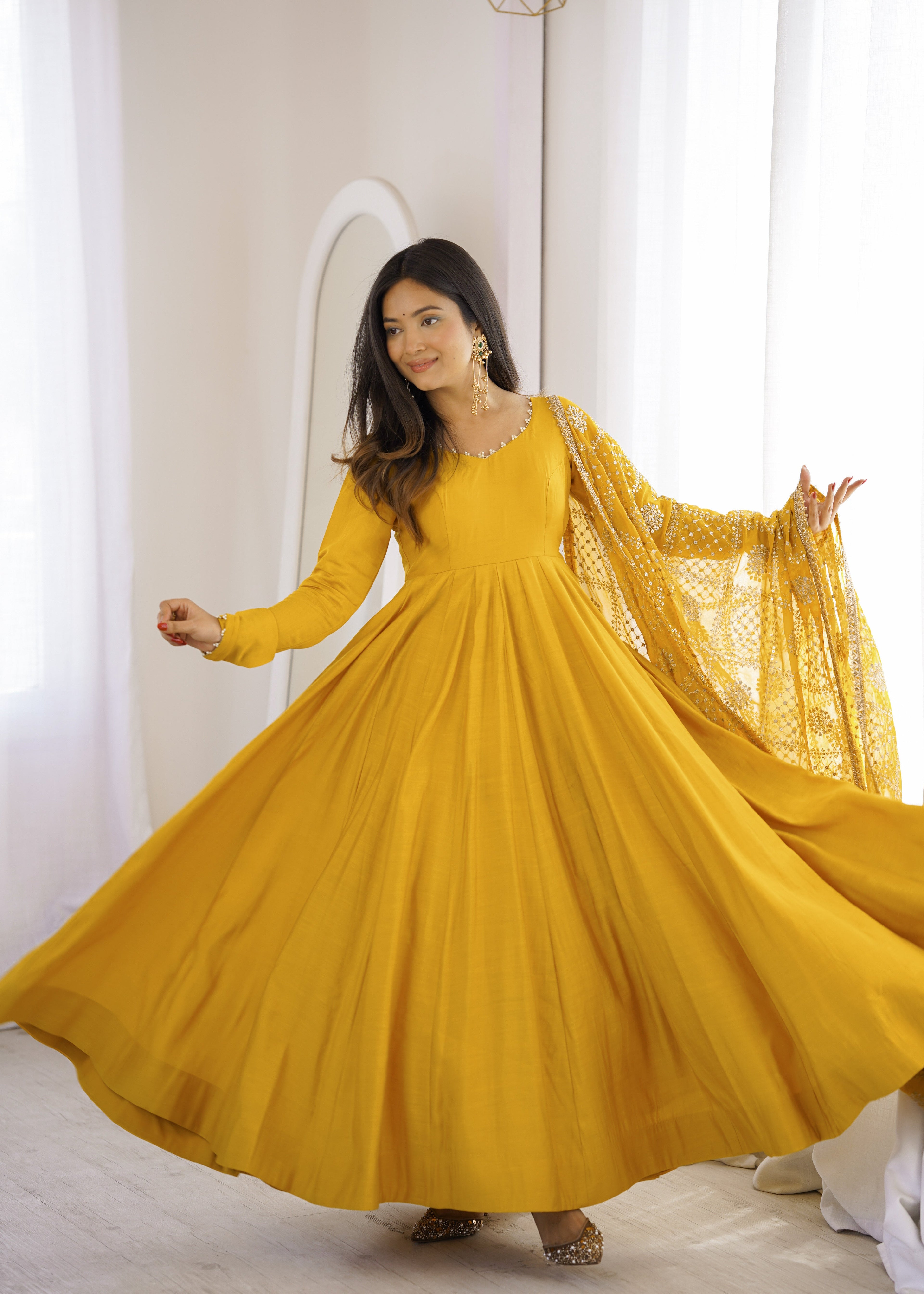 DESIGNER YELLOW ROMAN SILK CHANDERI 16 KALI ANARKALI GOWN WITH EMBROIDERED DUPATTA