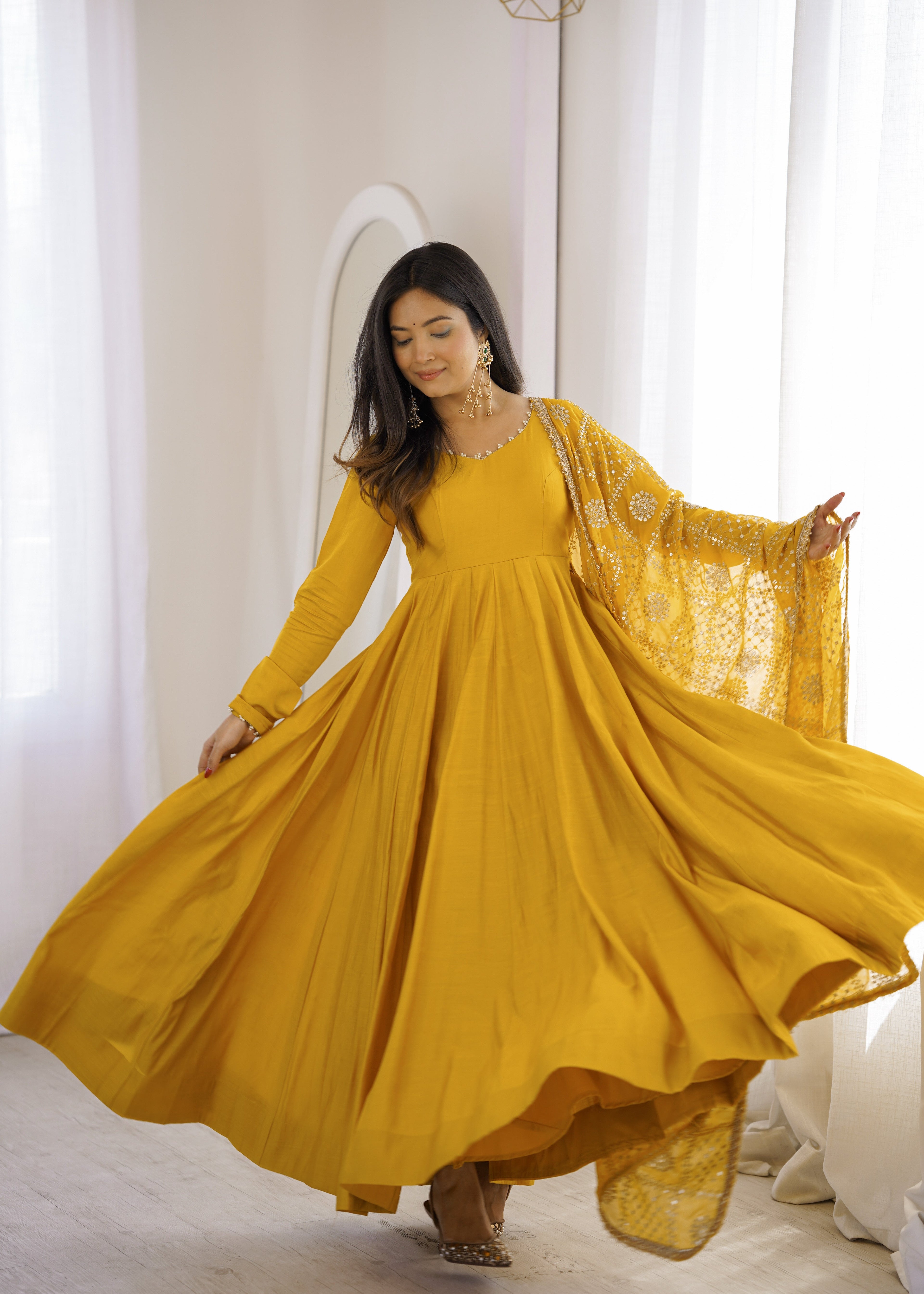 DESIGNER YELLOW ROMAN SILK CHANDERI 16 KALI ANARKALI GOWN WITH EMBROIDERED DUPATTA