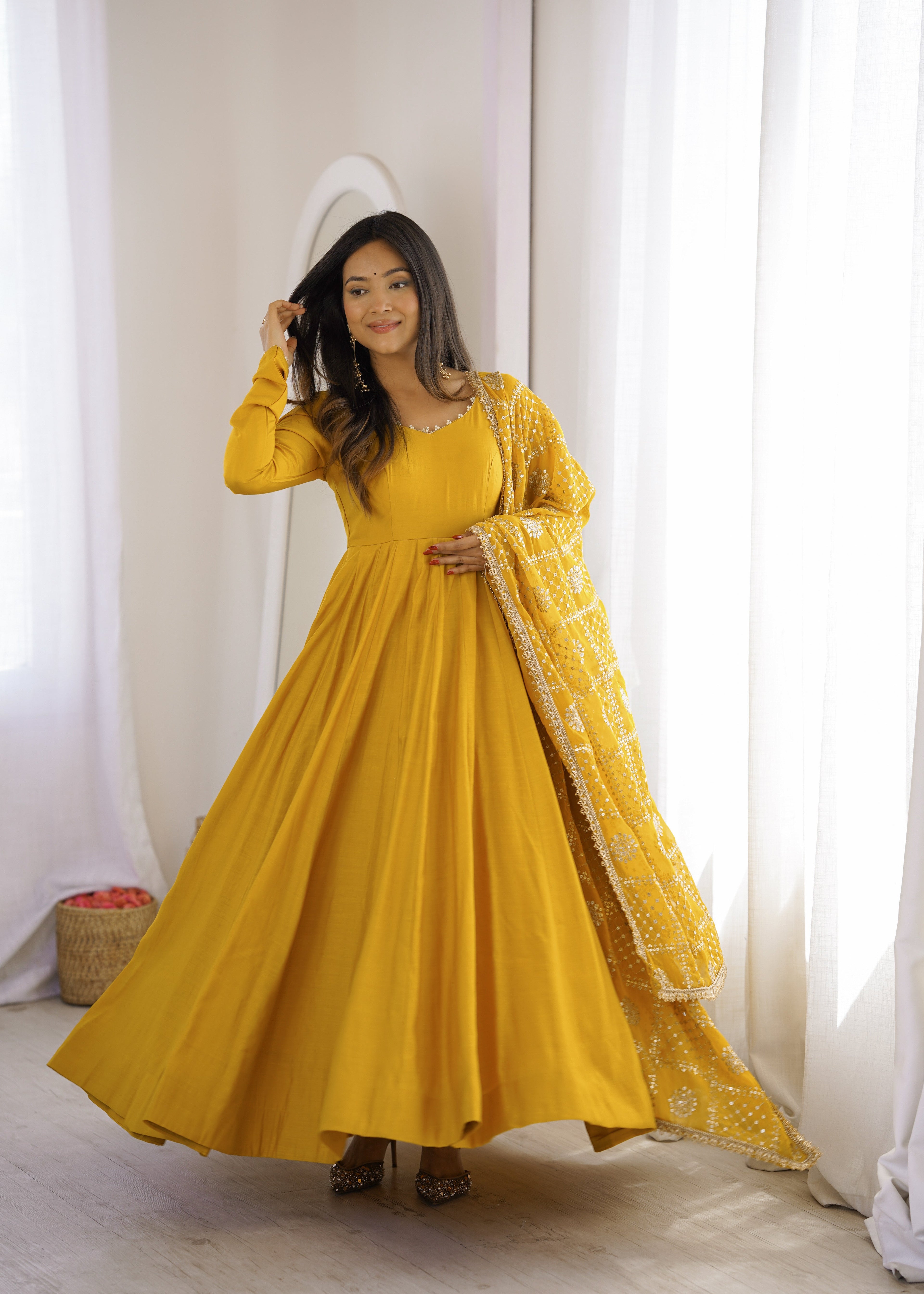 DESIGNER YELLOW ROMAN SILK CHANDERI 16 KALI ANARKALI GOWN WITH EMBROIDERED DUPATTA