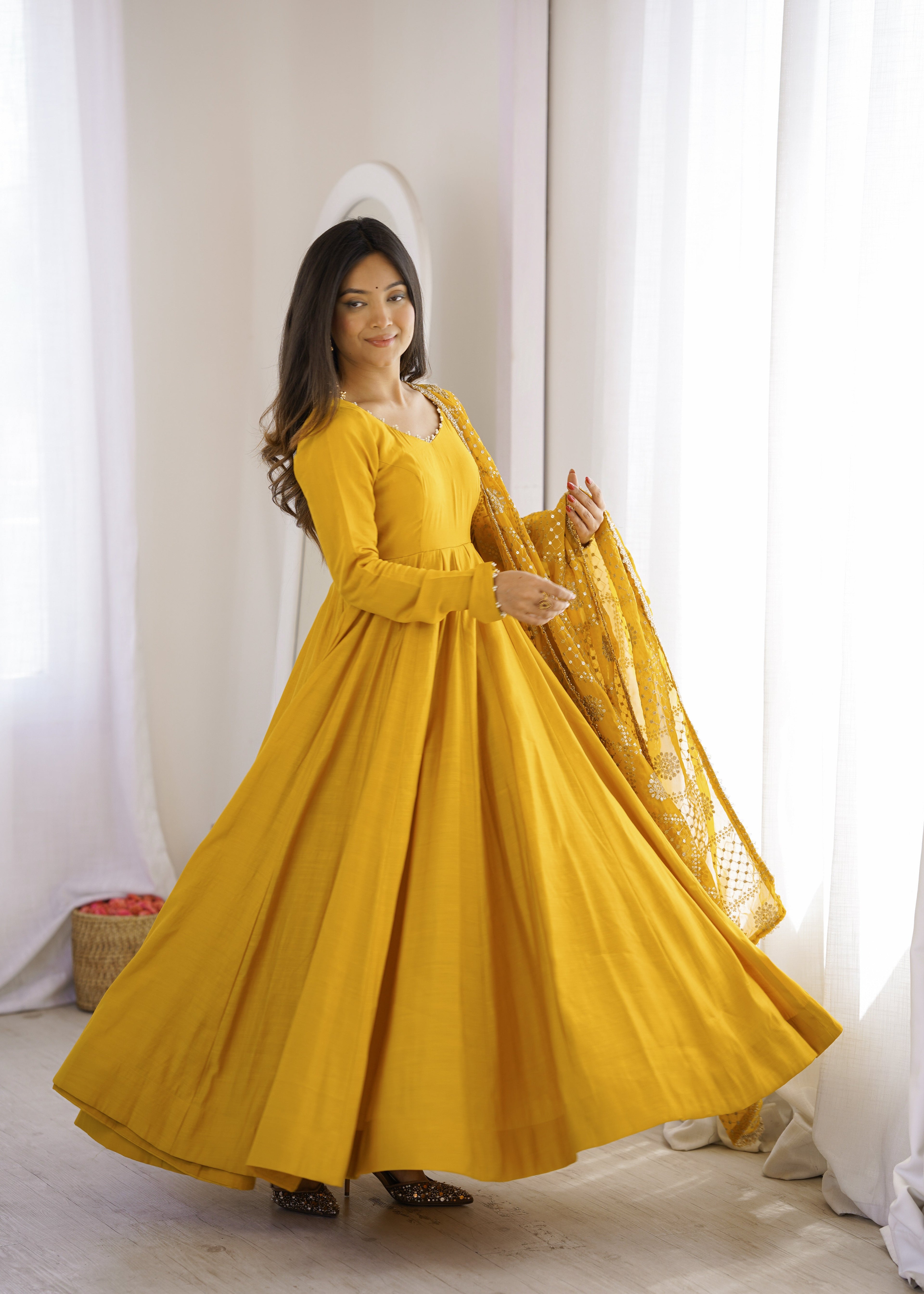 DESIGNER YELLOW ROMAN SILK CHANDERI 16 KALI ANARKALI GOWN WITH EMBROIDERED DUPATTA